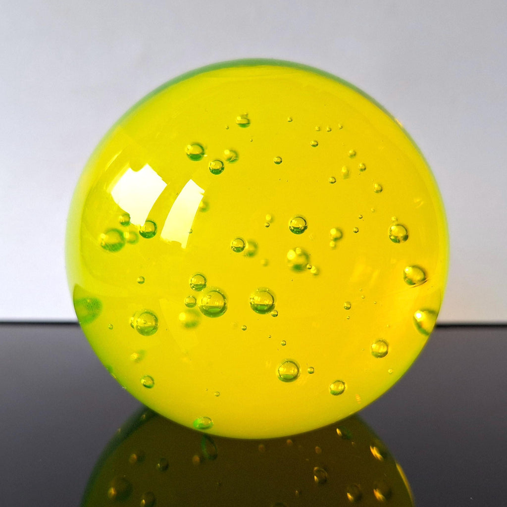 Vaseline Sphere with Bubbles Uranium Yellow Glass Paperweight 80mm