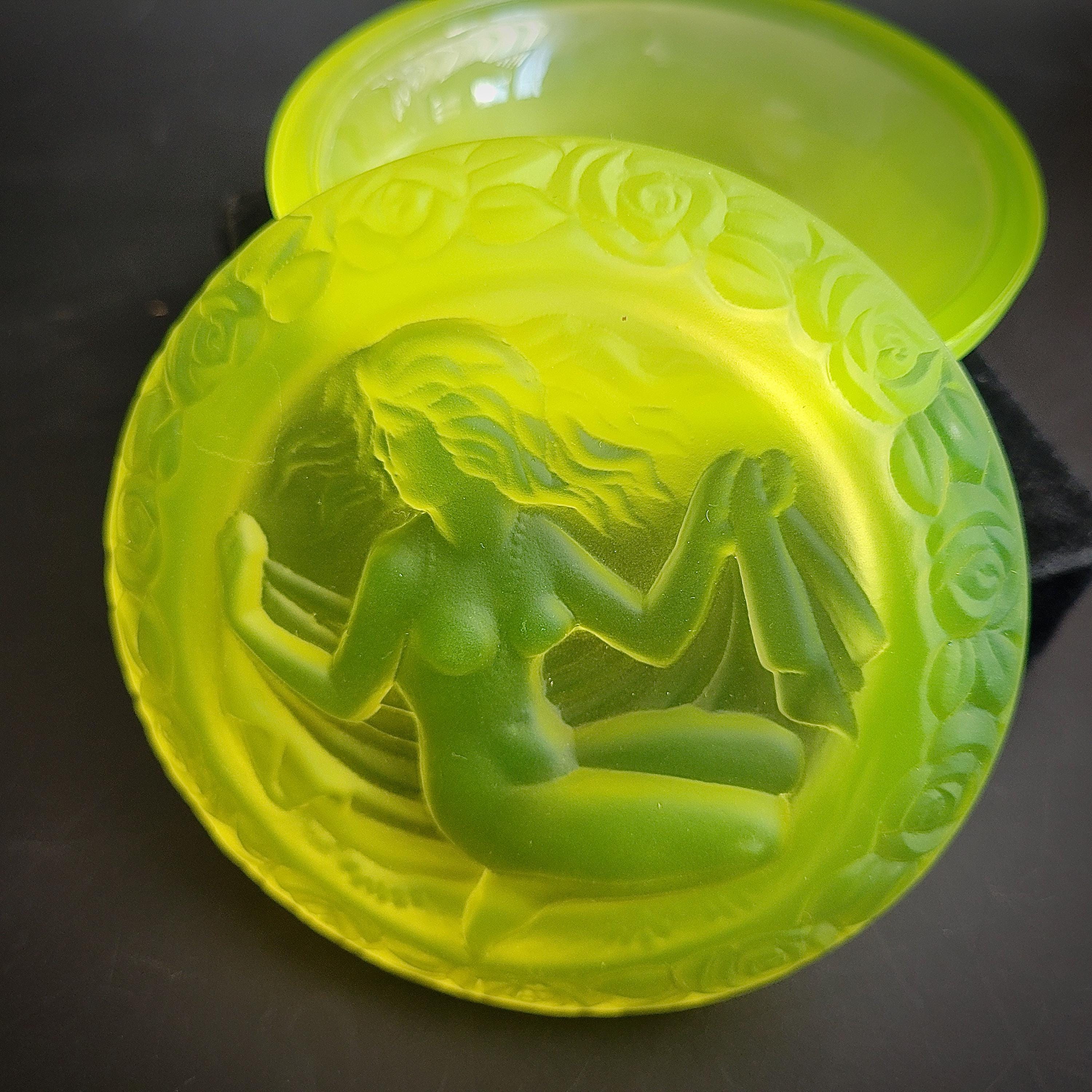 Vaseline Uranium Glass Box Nude Woman Frosty Yellow Matte Jewelry Box
