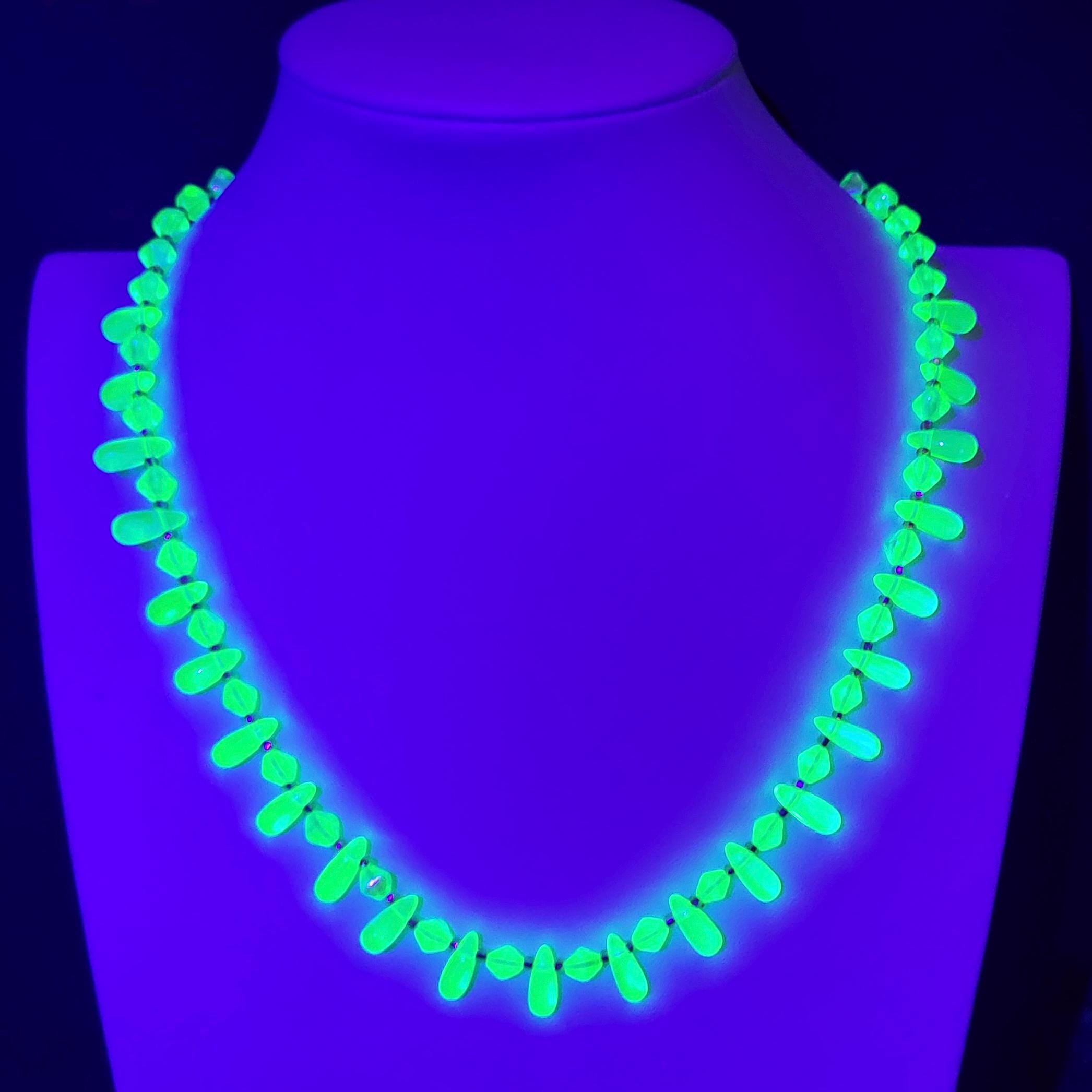 Uranium Glass Necklace Vaseline Yellow Glass Czech Vintage Beads