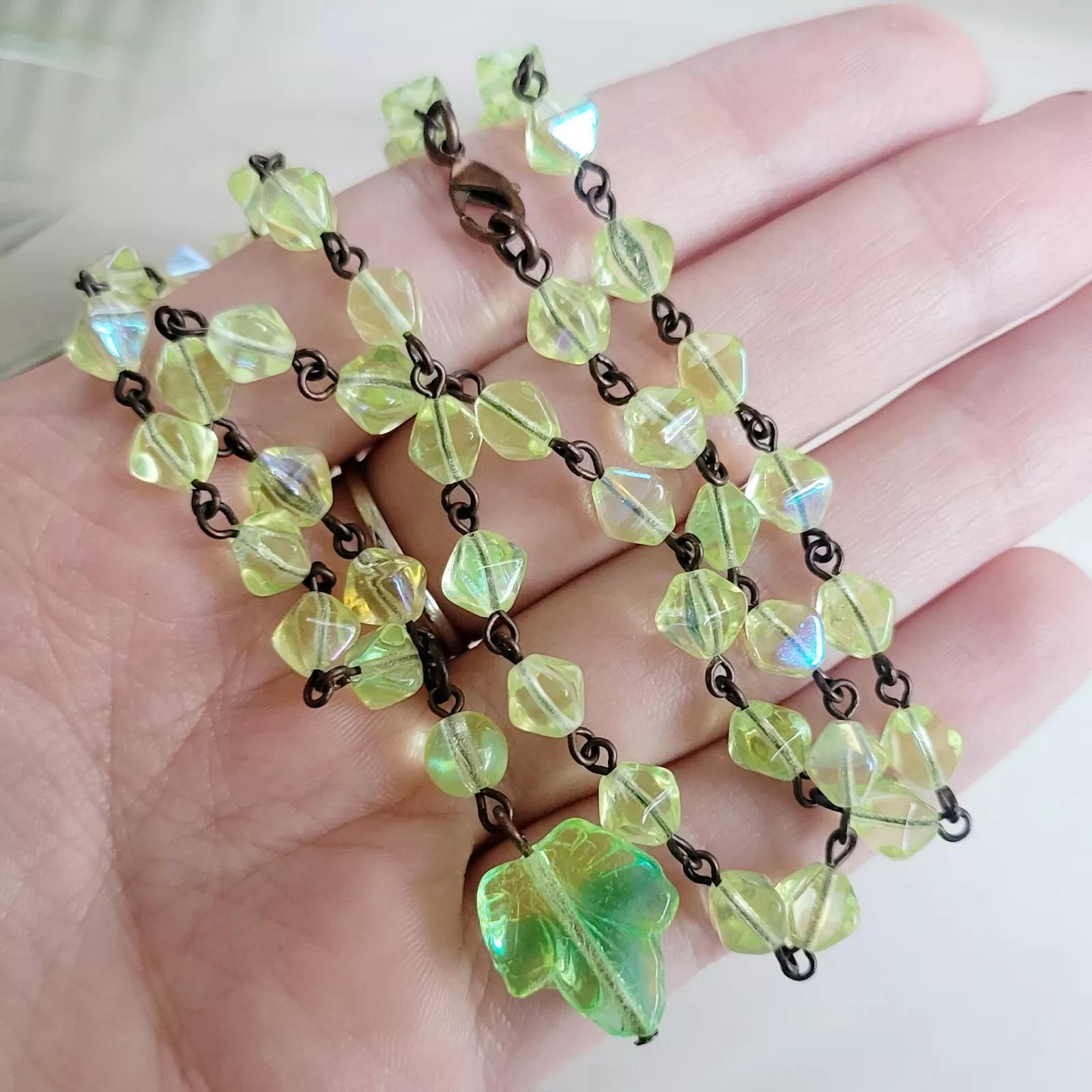 Uranium Glass Necklace 18'' Vaseline Yellow Glass Czech Vintage Beads