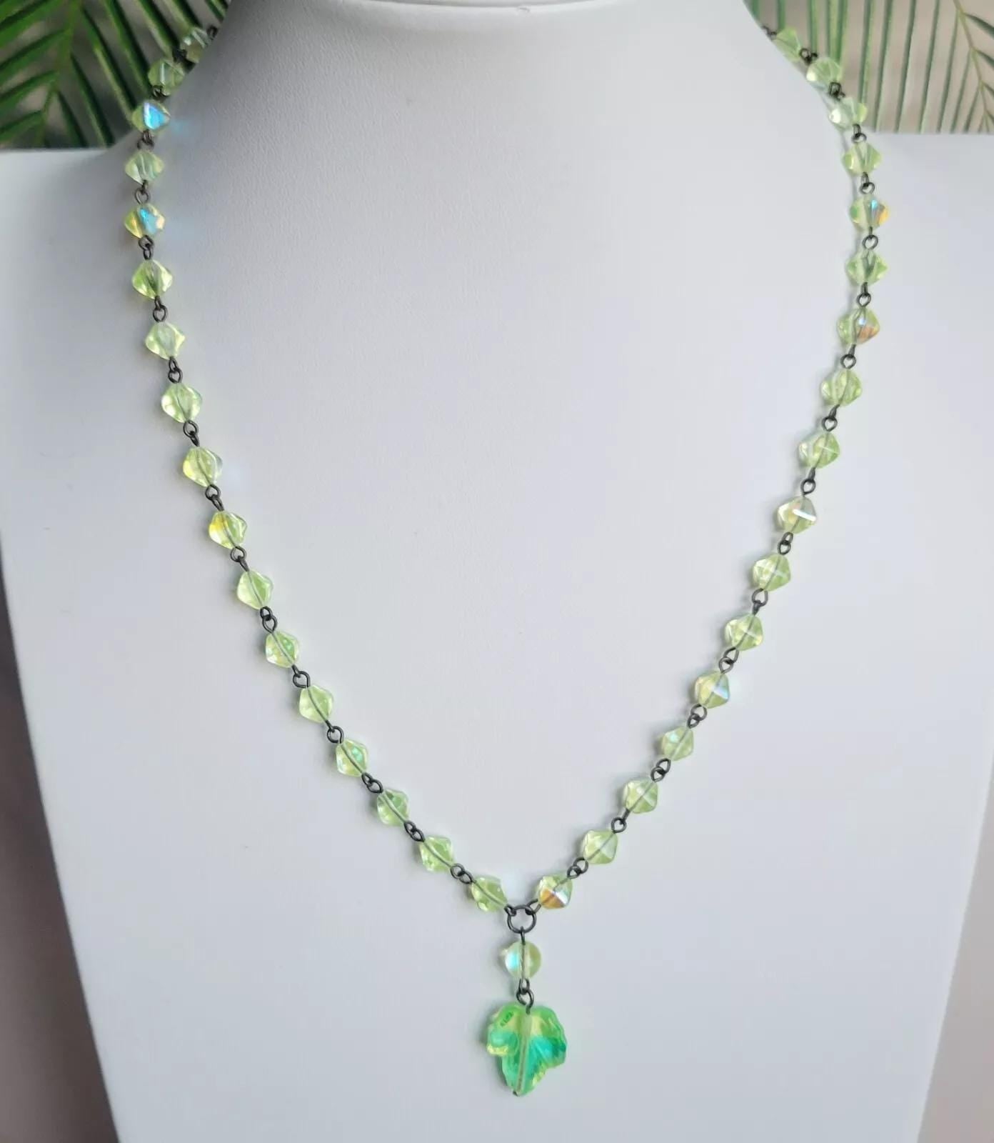 Uranium Glass Necklace 18'' Vaseline Yellow Glass Czech Vintage Beads