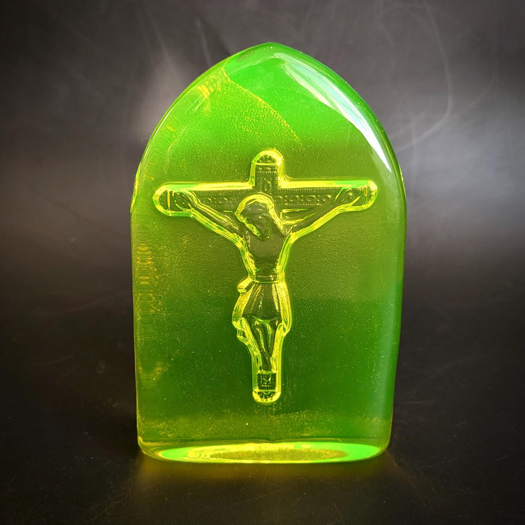 Art Deco Vaseline Glass Christ Jesus Statue Uranium Figurine Yellow Glass