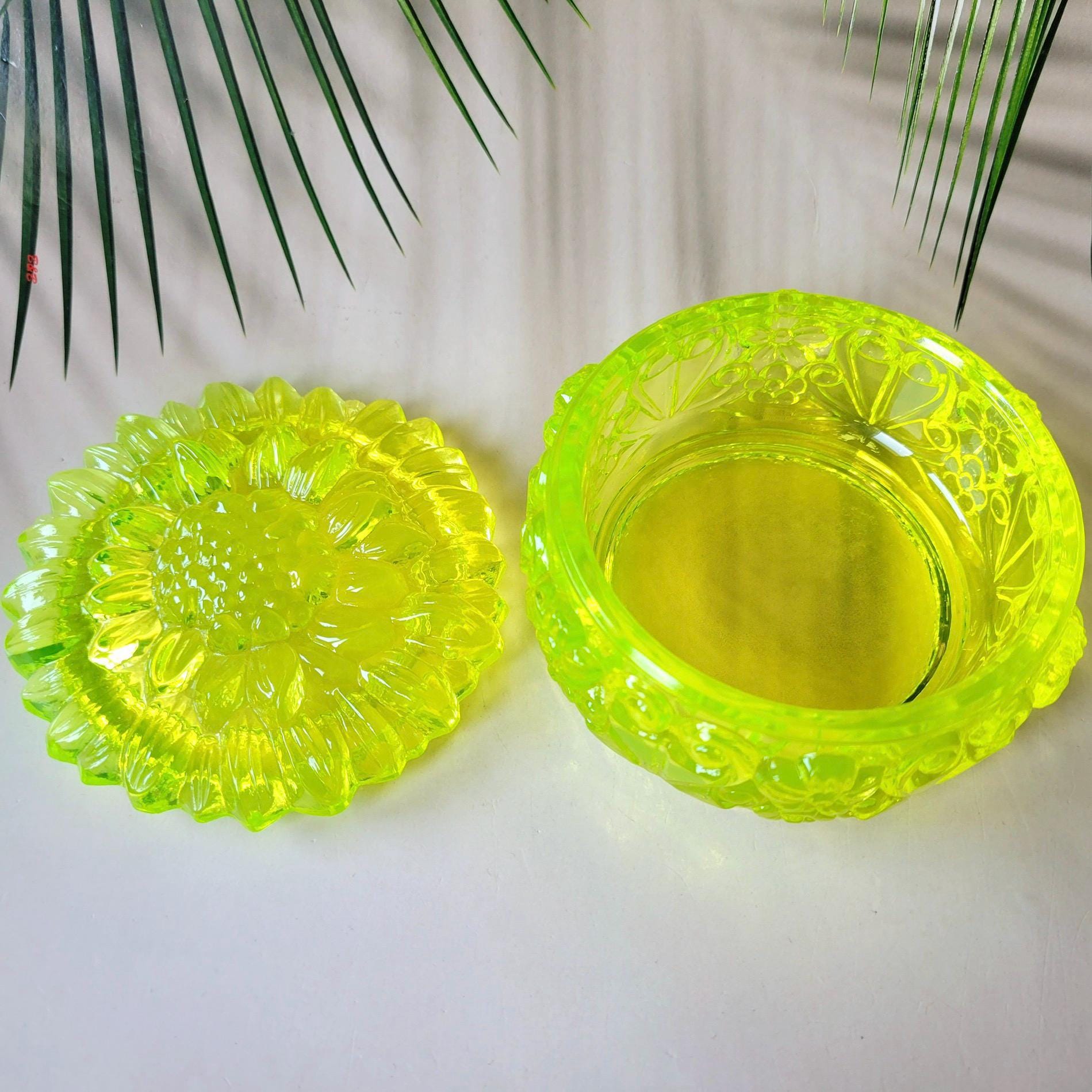 Art Deco Uranium Glass Trinket Box - Vaseline Yellow Clear Jewelry Holder