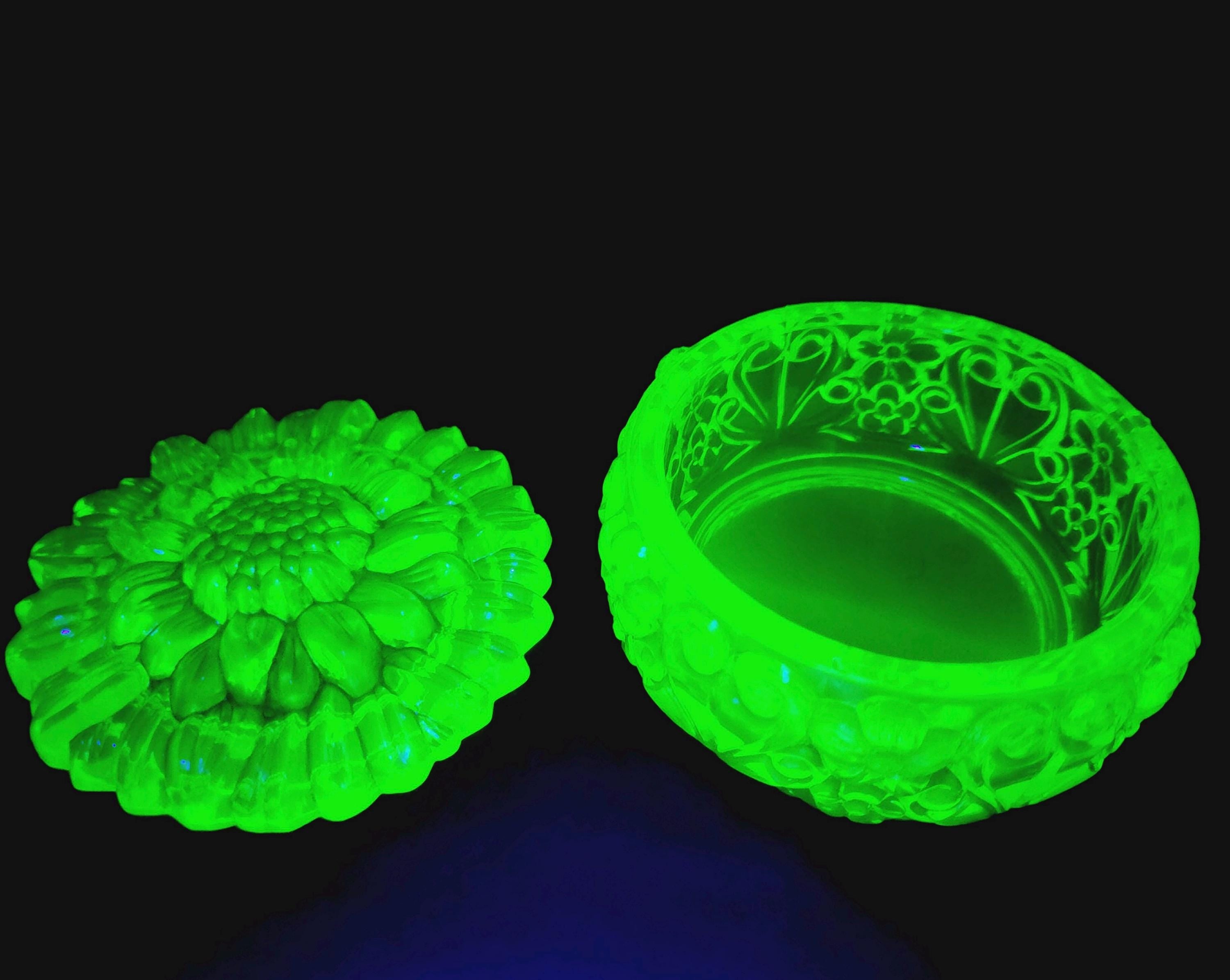 Art Deco Uranium Glass Trinket Box - Vaseline Yellow Clear Jewelry Holder