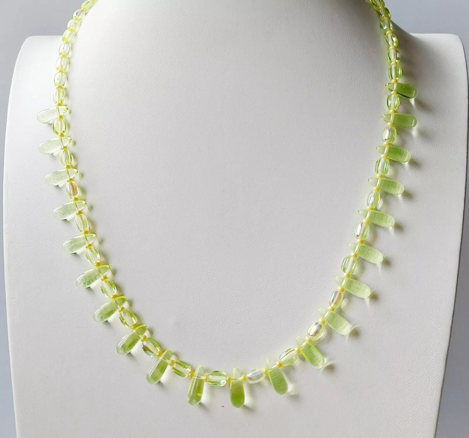 Vaseline Uranium Glass Necklace Vintage Czech Beads Handmade Jewelry