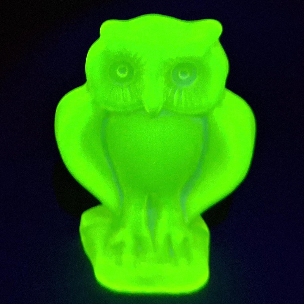 Uranium Owl Figurine Vaseline Frosted Yellow Matte Glass Statue Bird