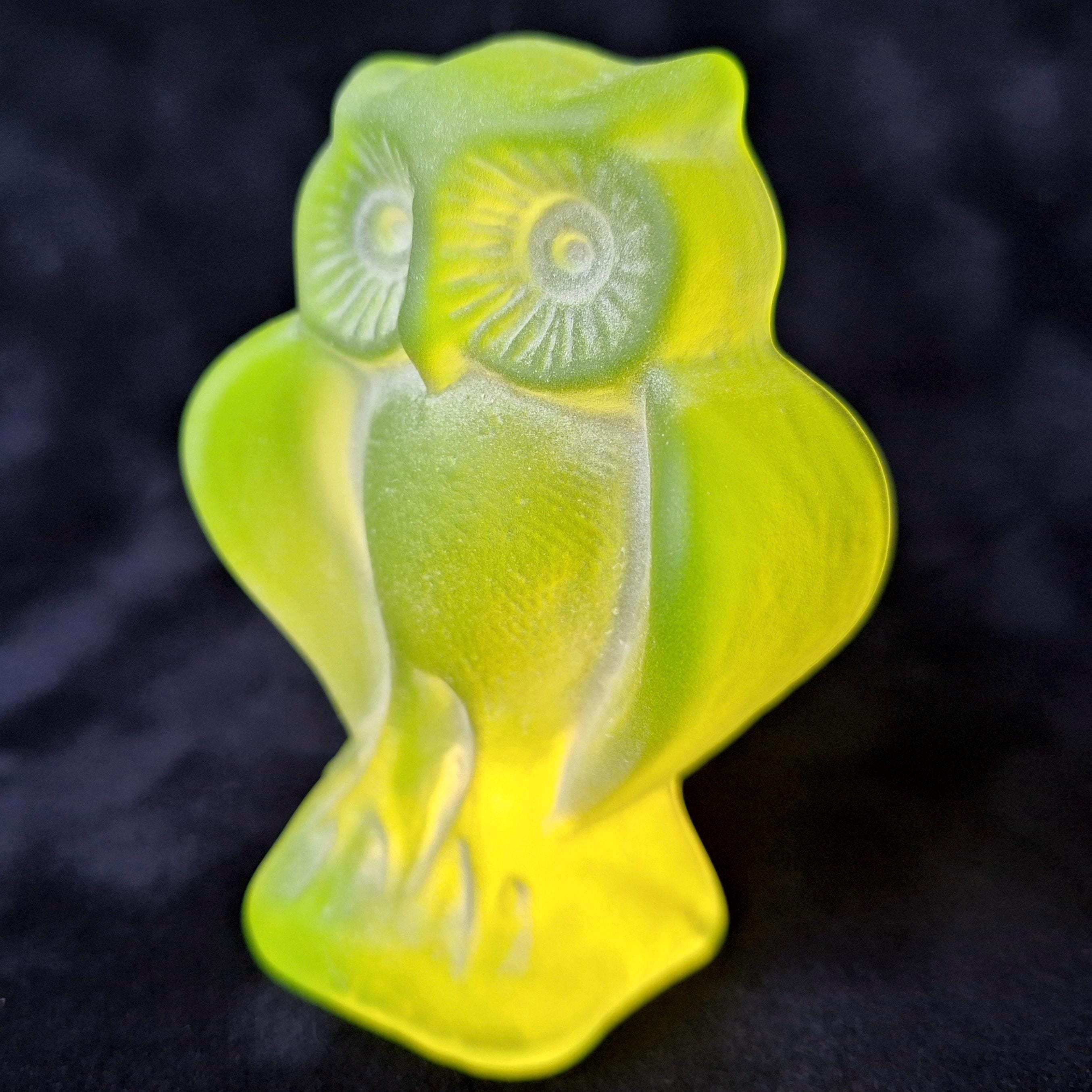 Uranium Owl Figurine Vaseline Frosted Yellow Matte Glass Statue Bird
