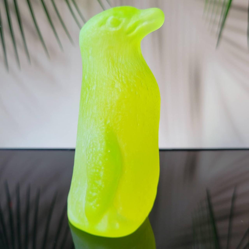 Vaseline Glass Penguin Figurine Uranium Frosty Matte Yellow Glass Bird