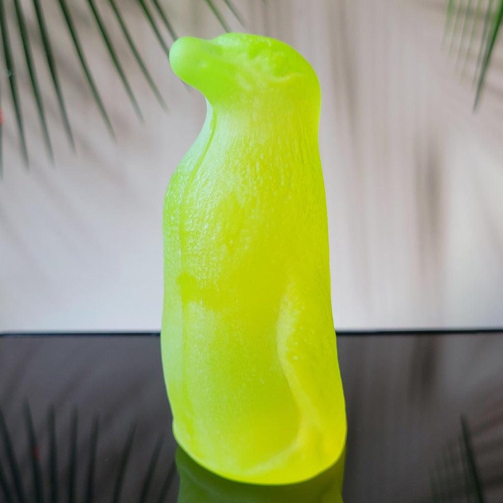 Vaseline Glass Penguin Figurine Uranium Frosty Matte Yellow Glass Bird