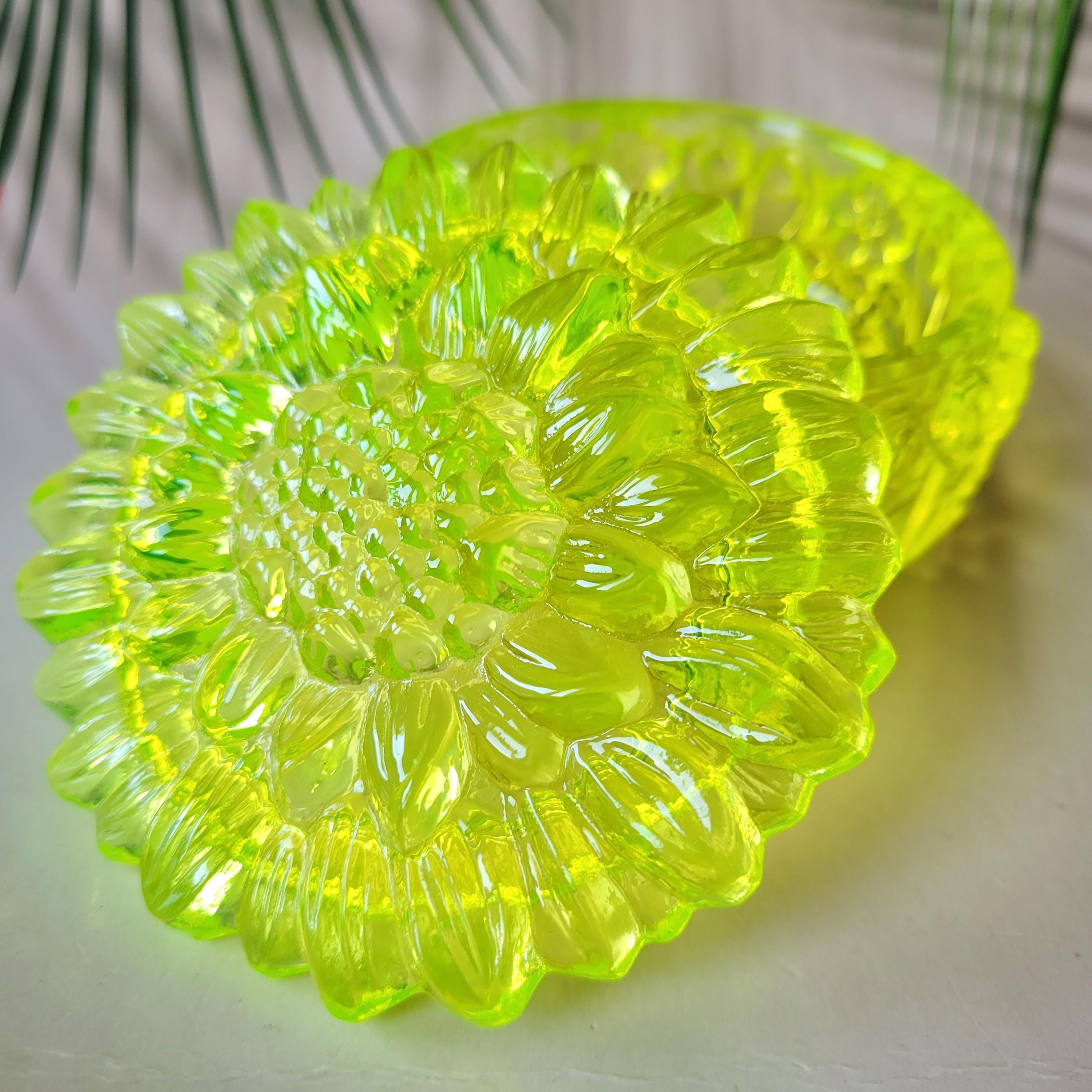 Art Deco Uranium Glass Trinket Box - Vaseline Yellow Clear Jewelry Holder