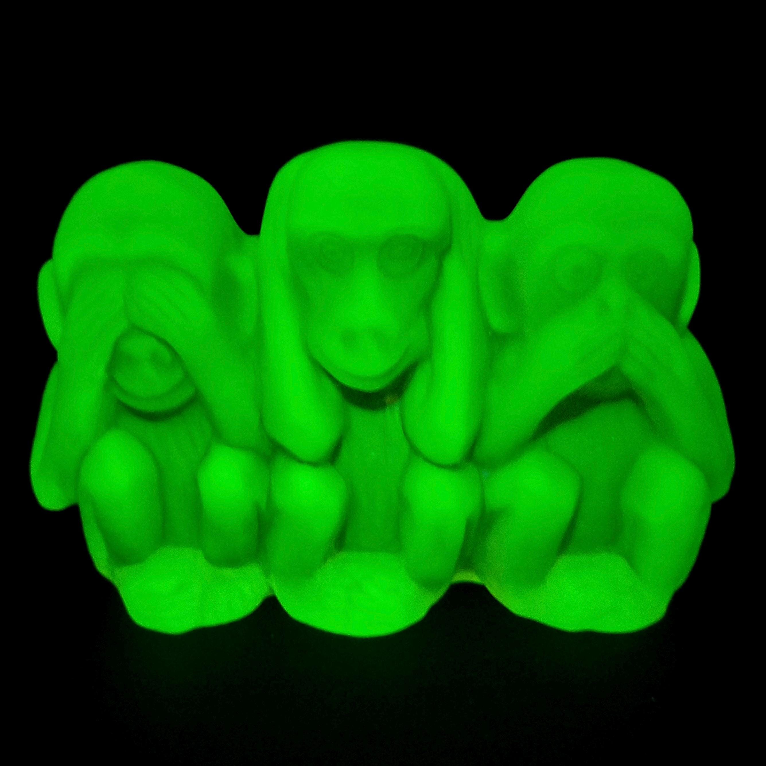 Uranium Glass Monkey Figurine: Art Deco 3 Wise Monkeys Statue