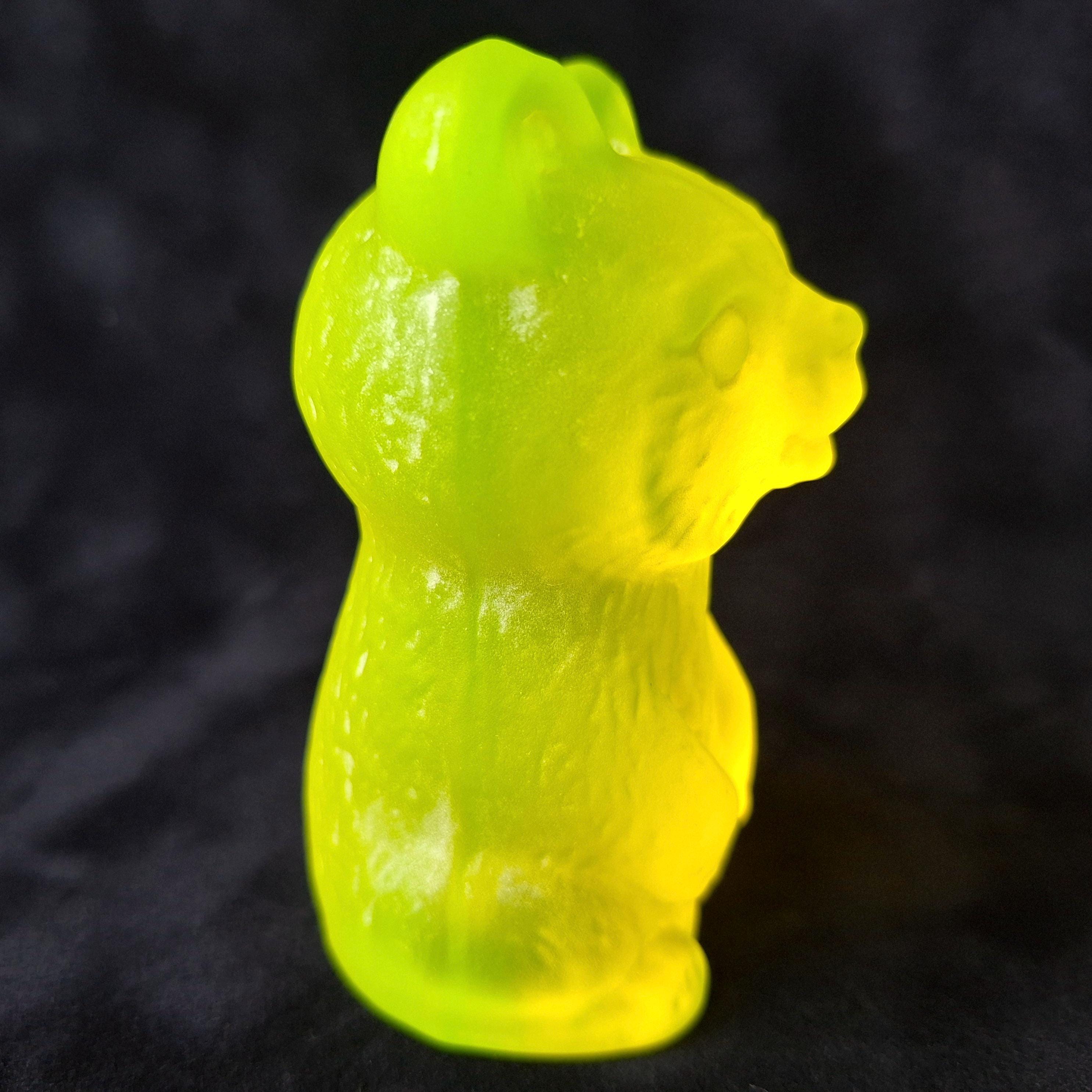 Uranium Glass Bear Figurine Art Glass Frosted Vaseline Yellow Statue