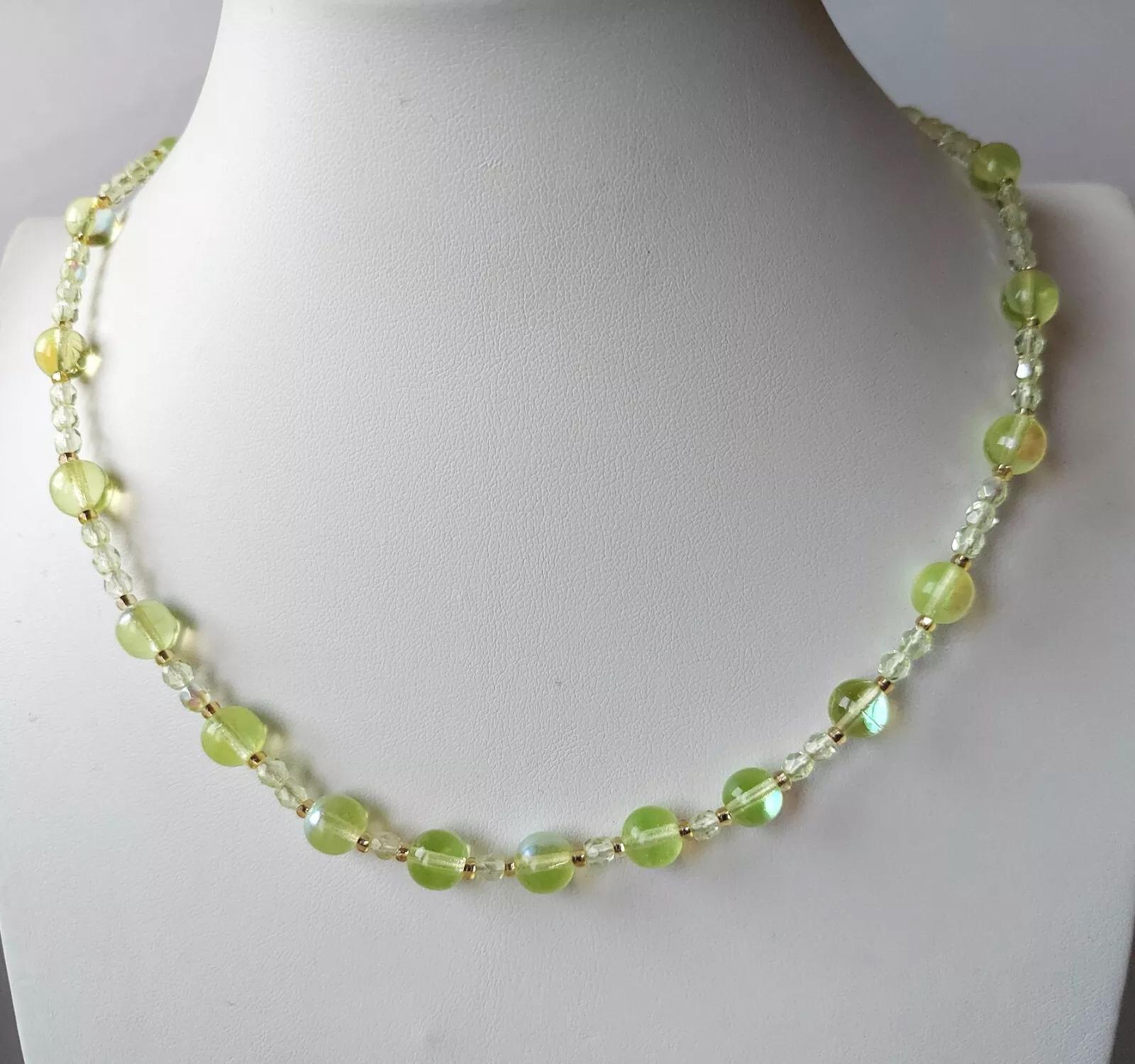 Uranium Glass Necklace: Czech Vintage Beads Art Deco Jewelry