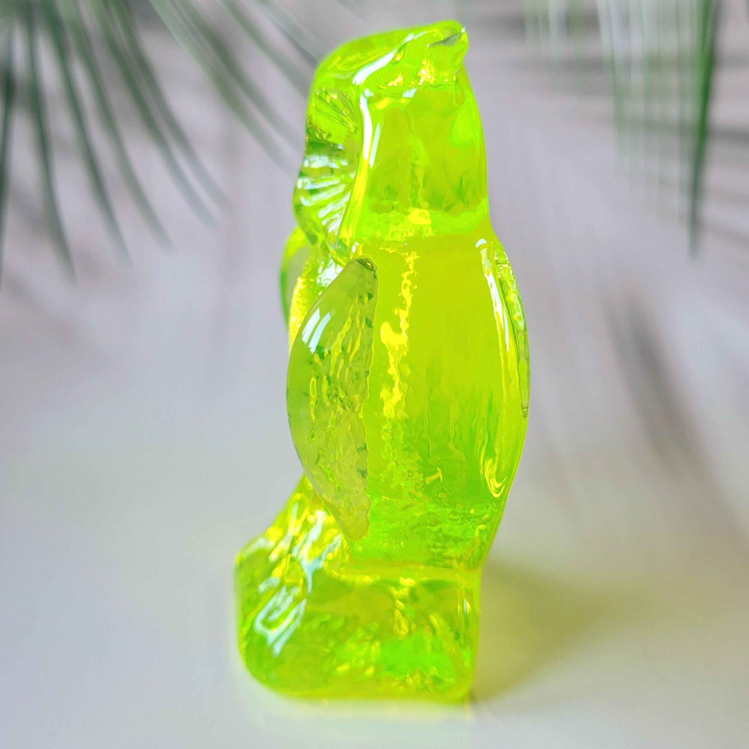 Uranium Glass Owl Statue Vaseline Yellow Glass Figurine Art Deco