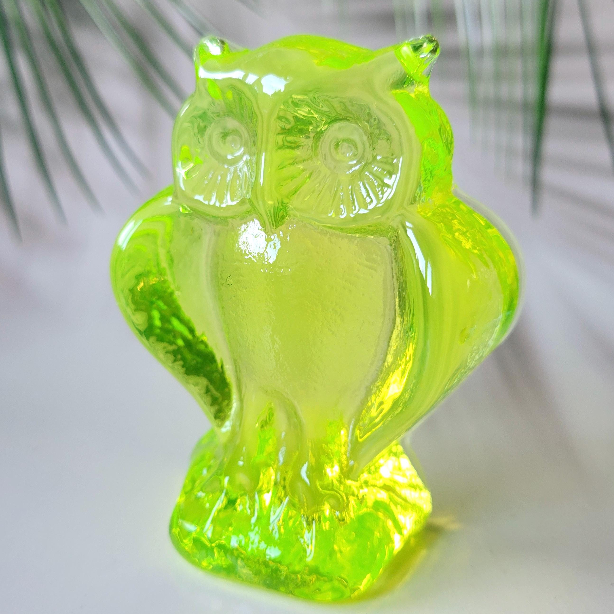 Uranium Glass Owl Statue Vaseline Yellow Glass Figurine Art Deco