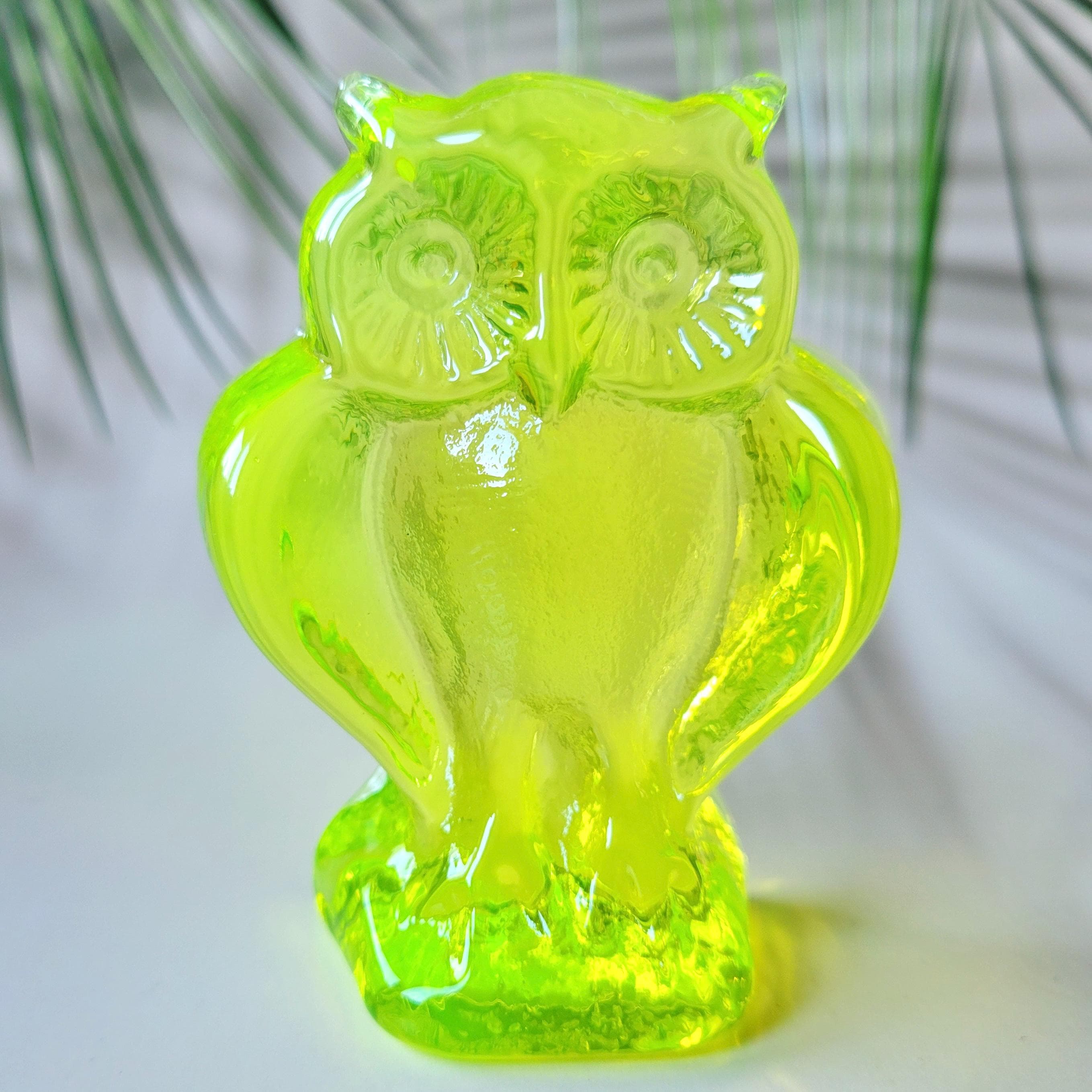 Uranium Glass Owl Figurine: Art Deco Collectible Sculpture
