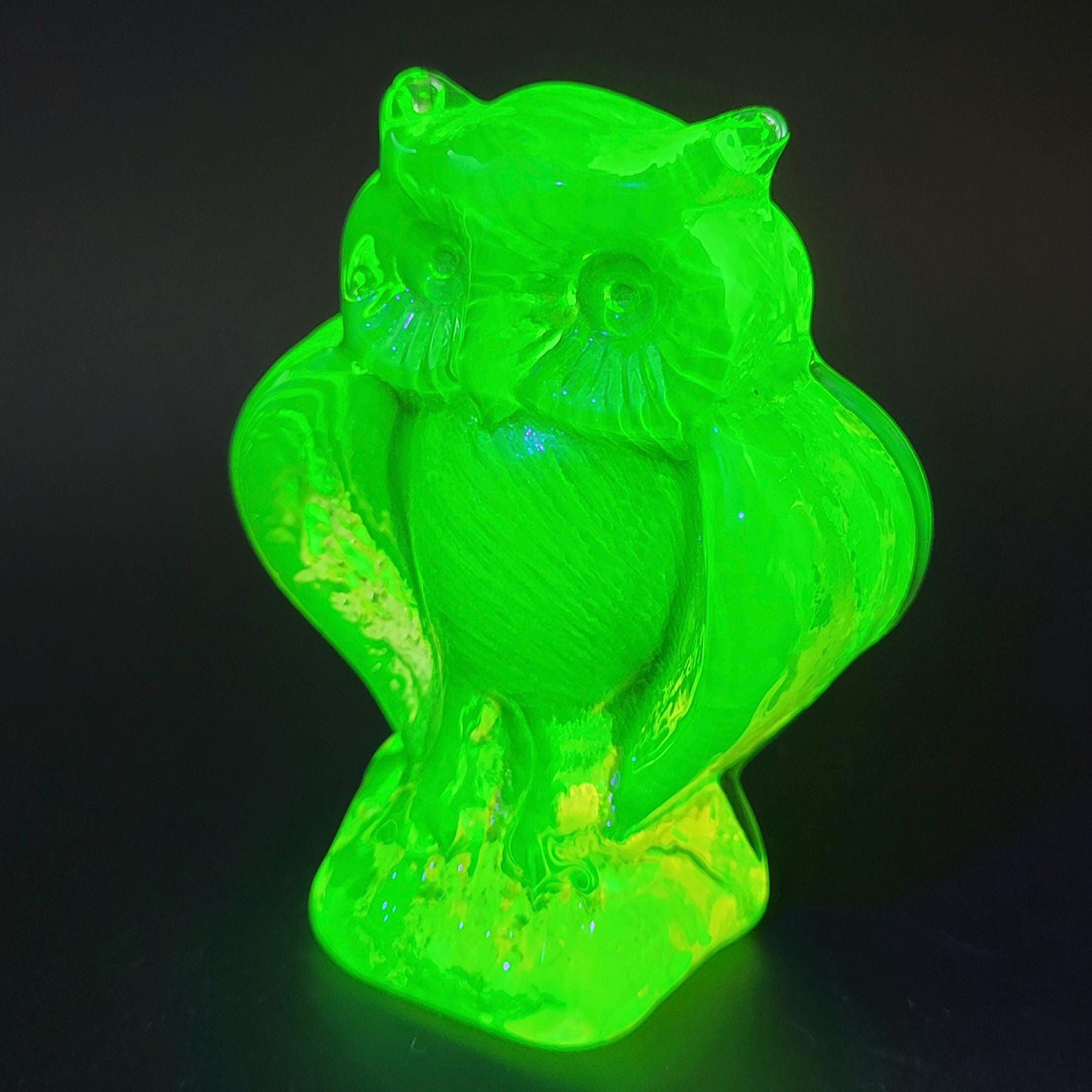 Uranium Glass Owl Statue Vaseline Yellow Glass Figurine Art Deco