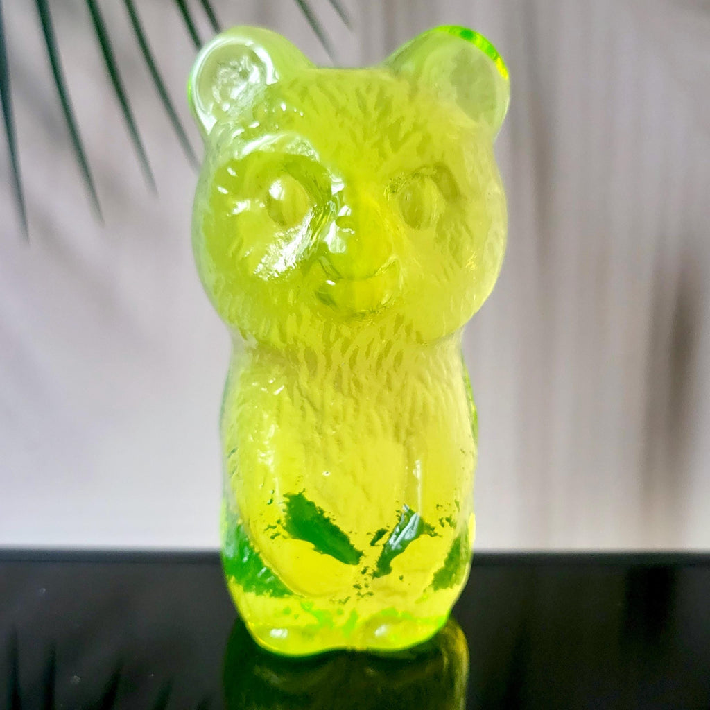 Uranium Glass Bear Statue Vaseline Yellow Clear Glass Collectible Figurine