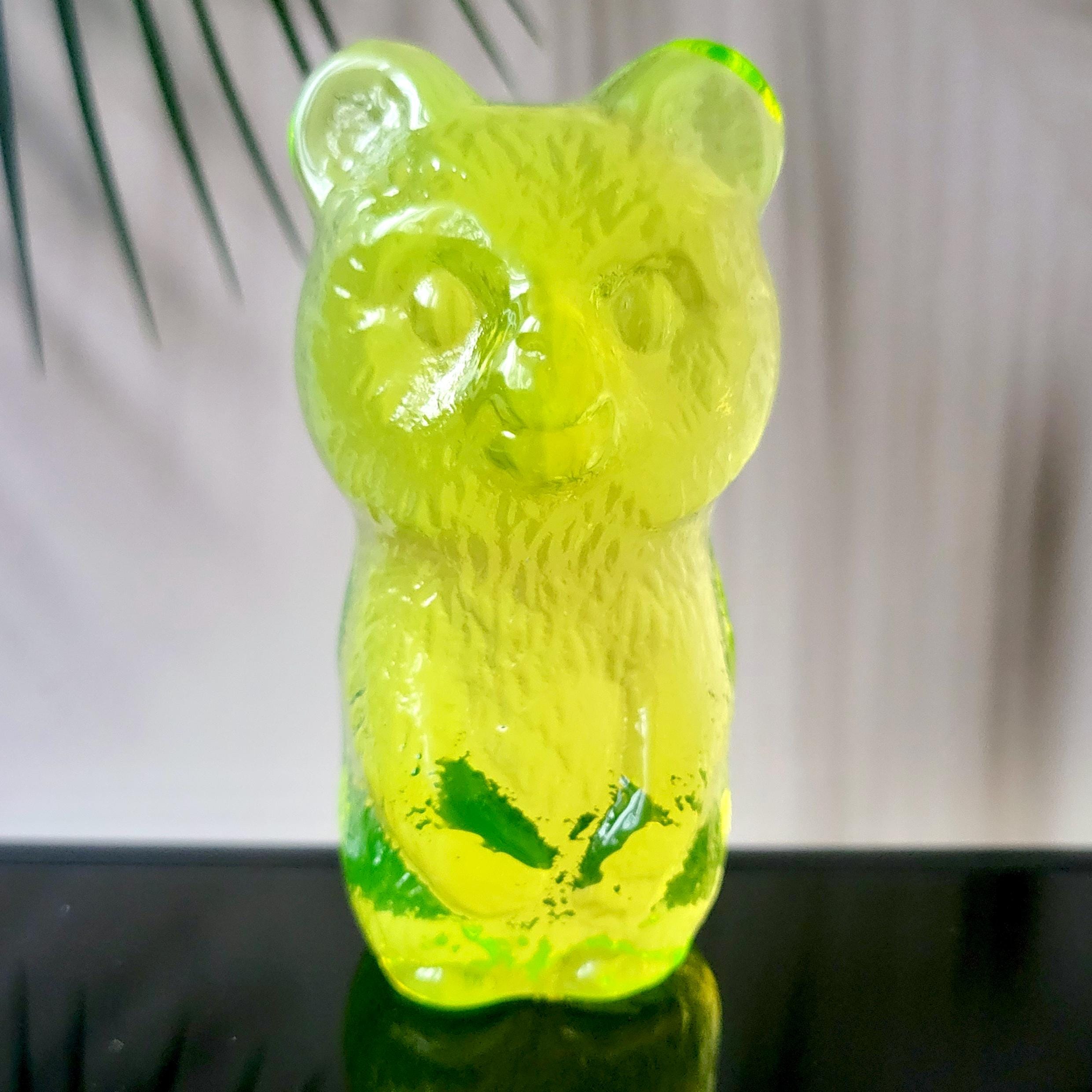 Uranium Glass Bear Statue Vaseline Yellow Clear Glass Collectible Figurine