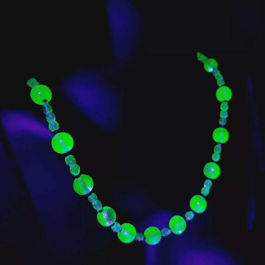 Uranium Glass Necklace: Czech Vintage Beads Art Deco Jewelry