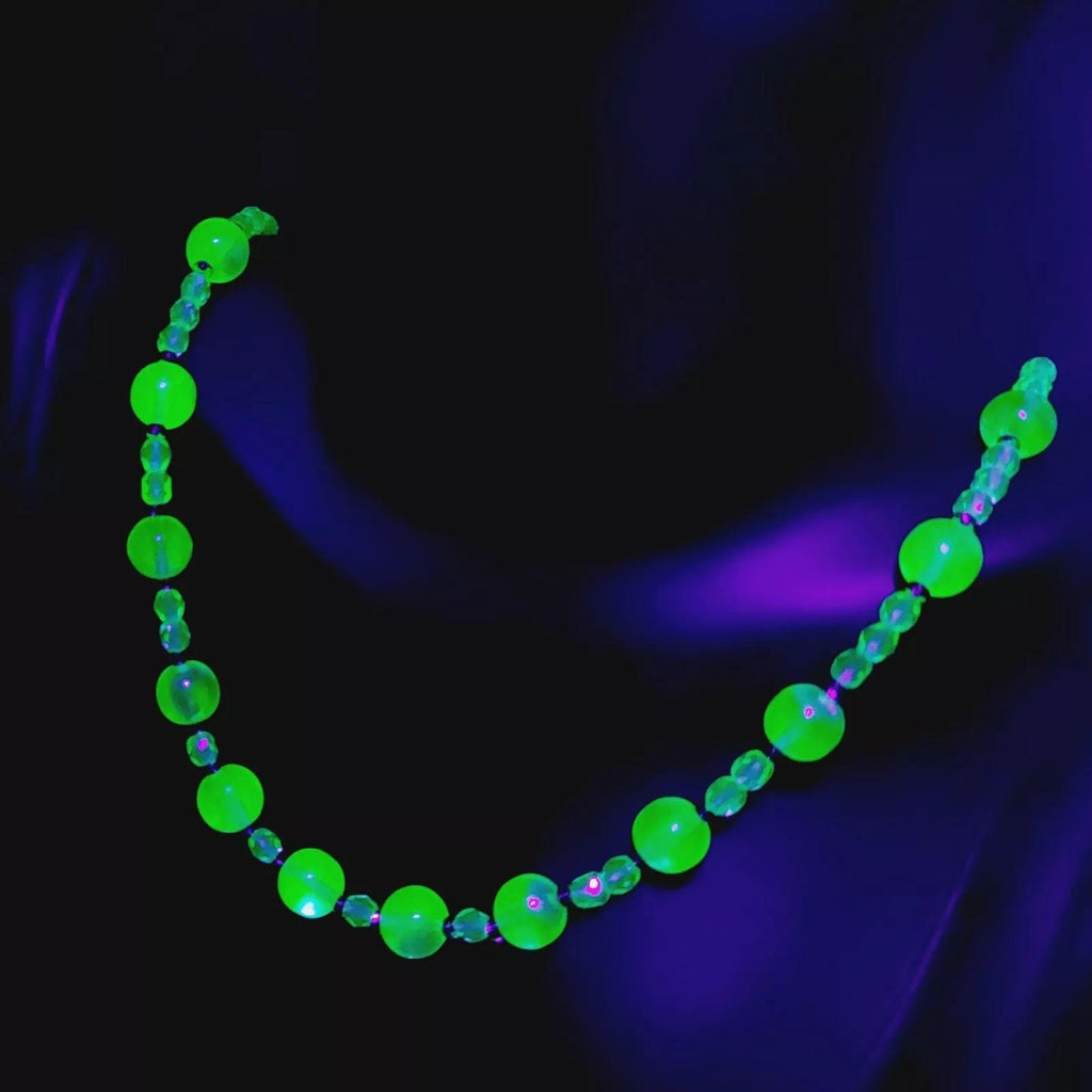 Uranium Glass Necklace: Czech Vintage Beads Art Deco Jewelry