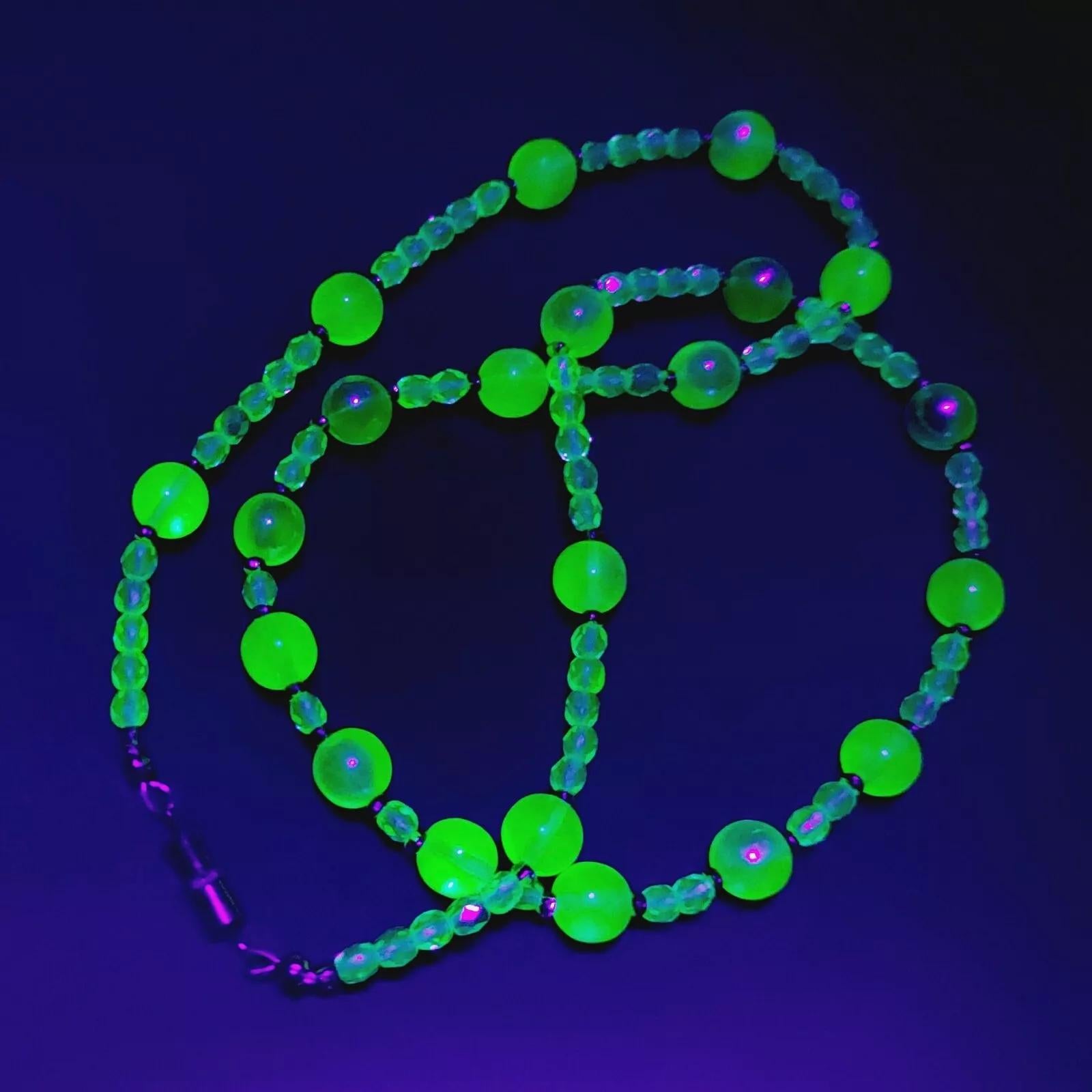 Uranium Glass Necklace: Czech Vintage Beads Art Deco Jewelry