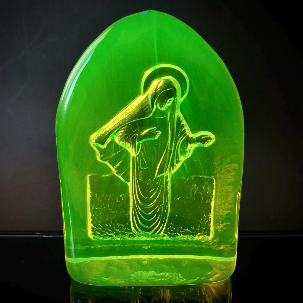 Uranium Glass Virgin Mary Figurine: Art Deco Vaseline Glass Collectible