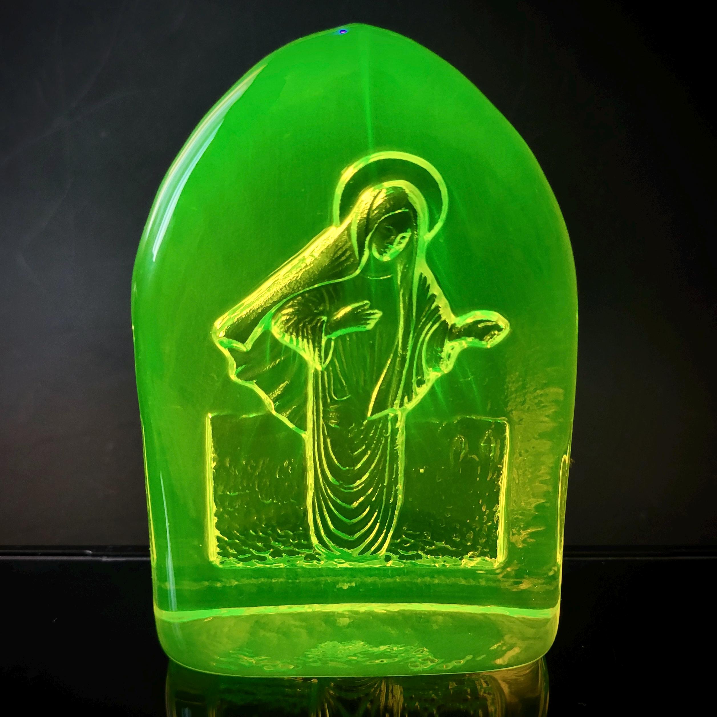 Uranium Glass Virgin Mary Figurine: Art Deco Vaseline Glass Collectible