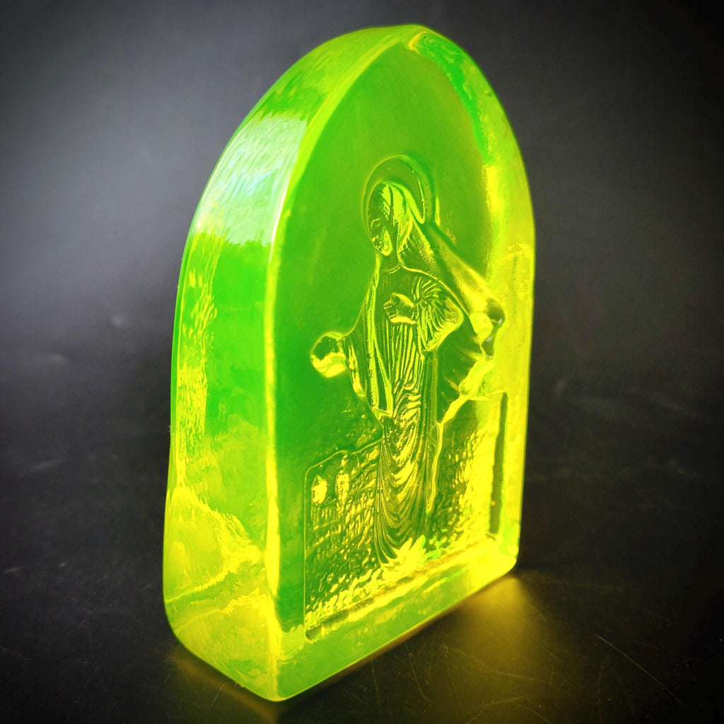 Uranium Glass Virgin Mary Figurine: Art Deco Vaseline Glass Collectible
