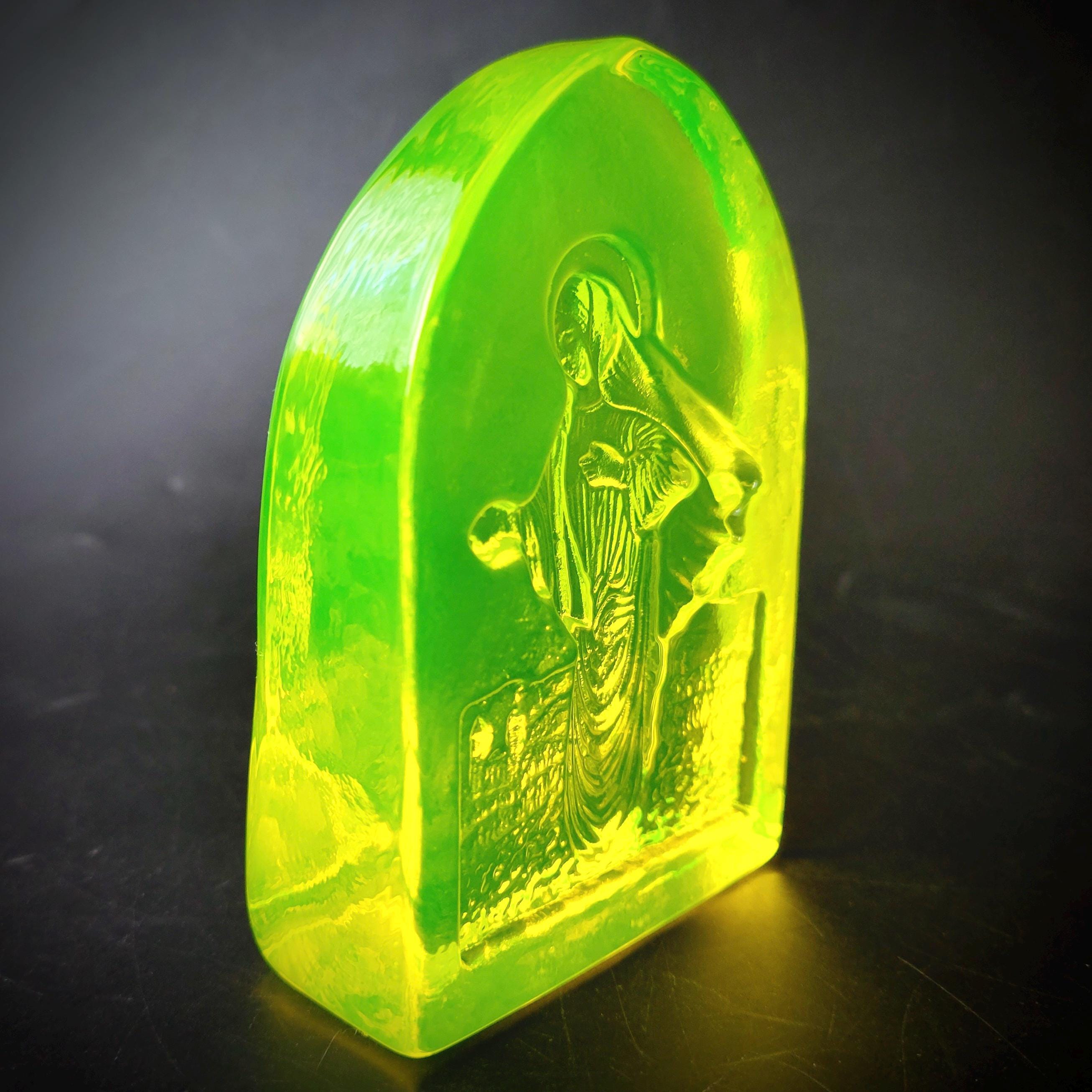 Uranium Glass Virgin Mary Figurine: Art Deco Vaseline Glass Collectible