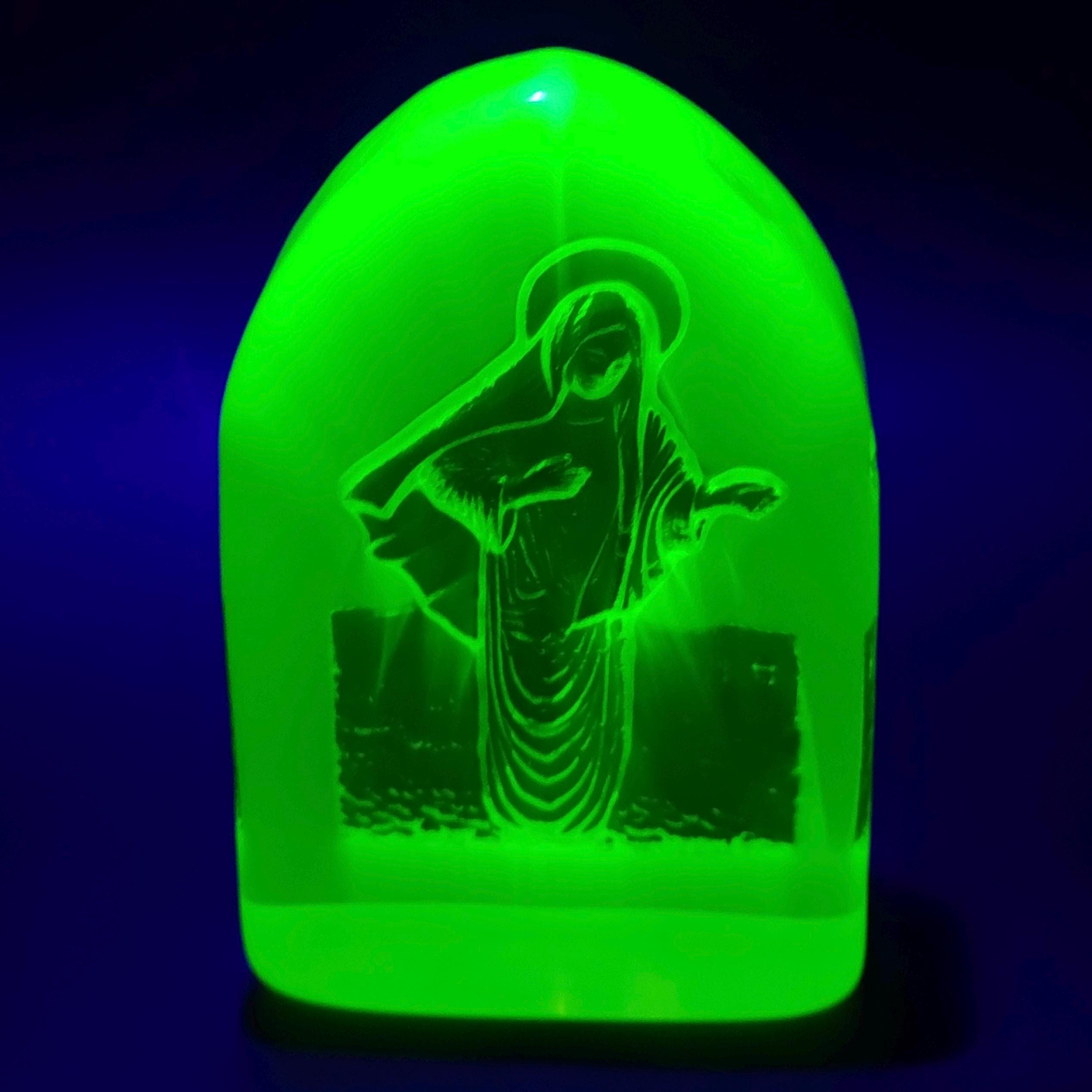 Rare Uranium Figurine Virgin Mary Art Deco Vaseline Glass Statue