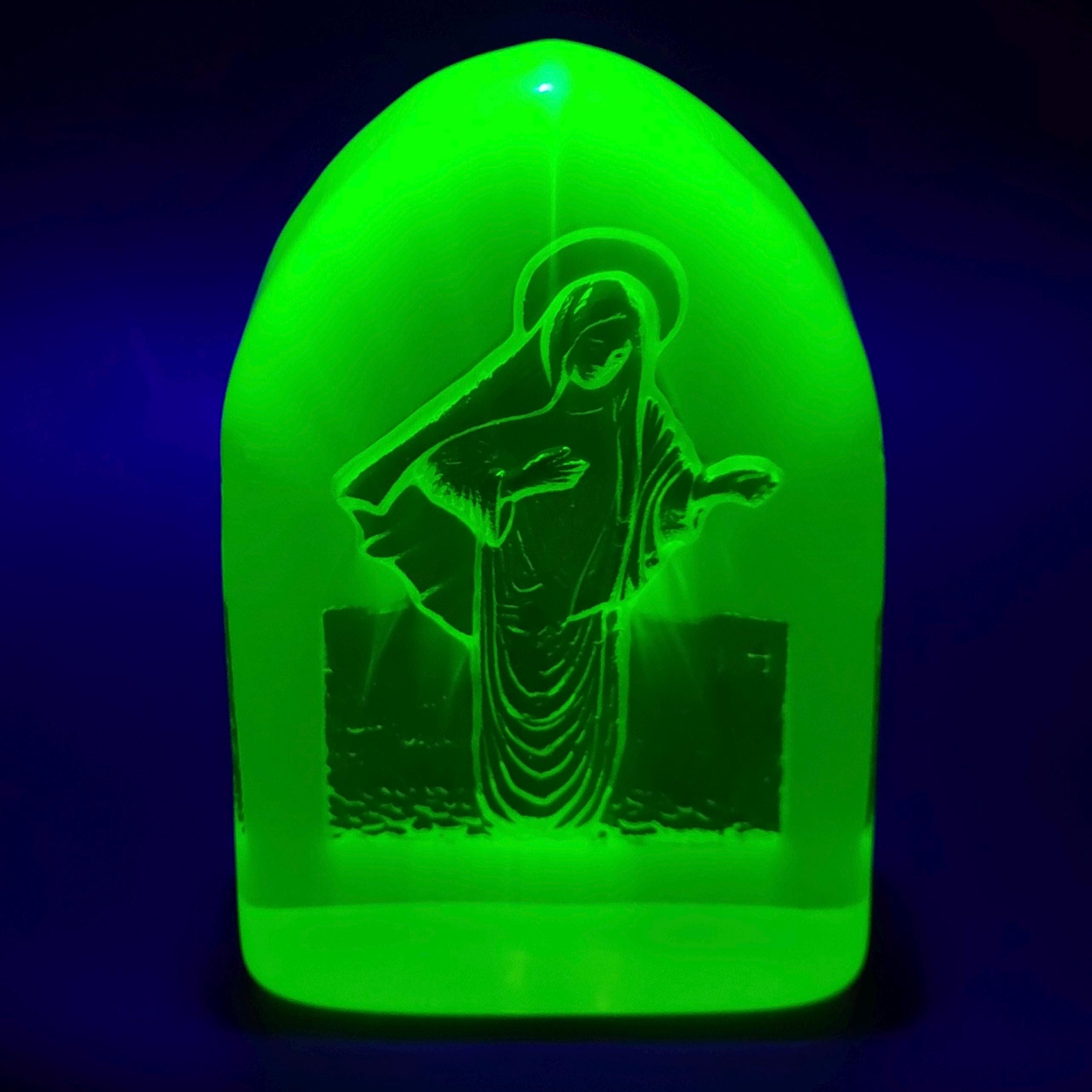 Rare Uranium Figurine Virgin Mary Art Deco Vaseline Glass Statue