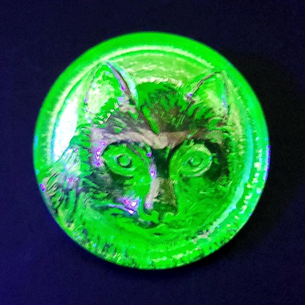 Uranium Glass Button Cat Design 22mm Vaseline Glass Collectible Small Button