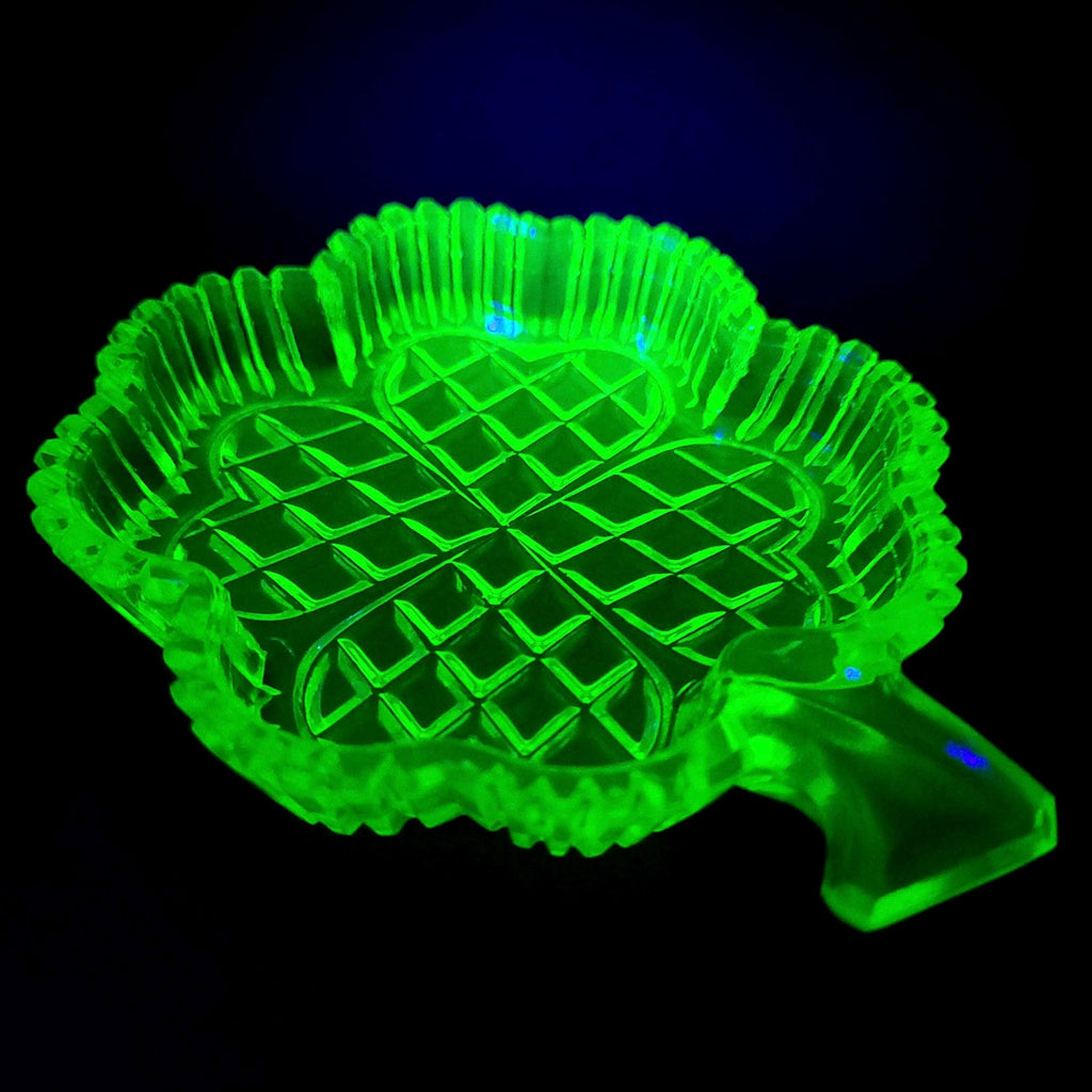 Collectible Uranium Glass Plate Clover Vaseline Yellow Glass Dish Art Deco