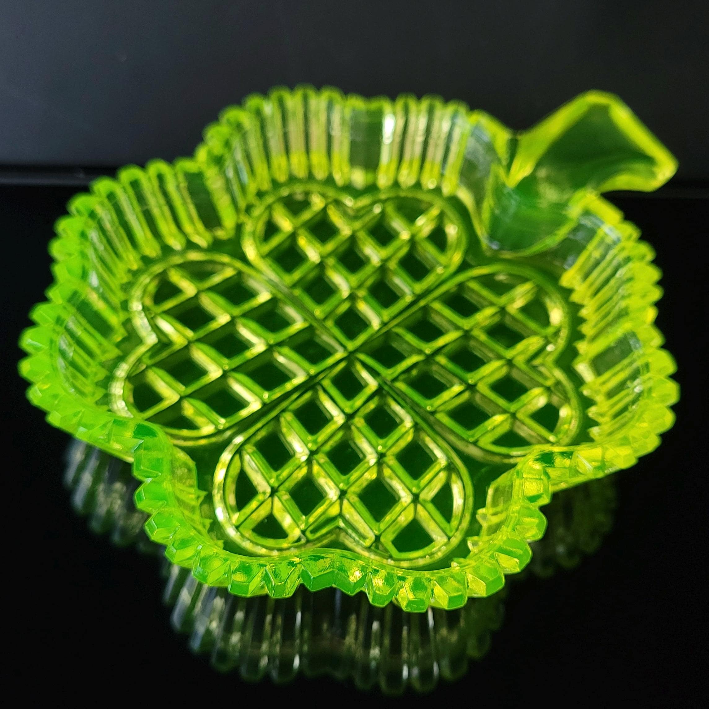 Collectible Uranium Glass Plate Clover Vaseline Yellow Glass Dish Art Deco