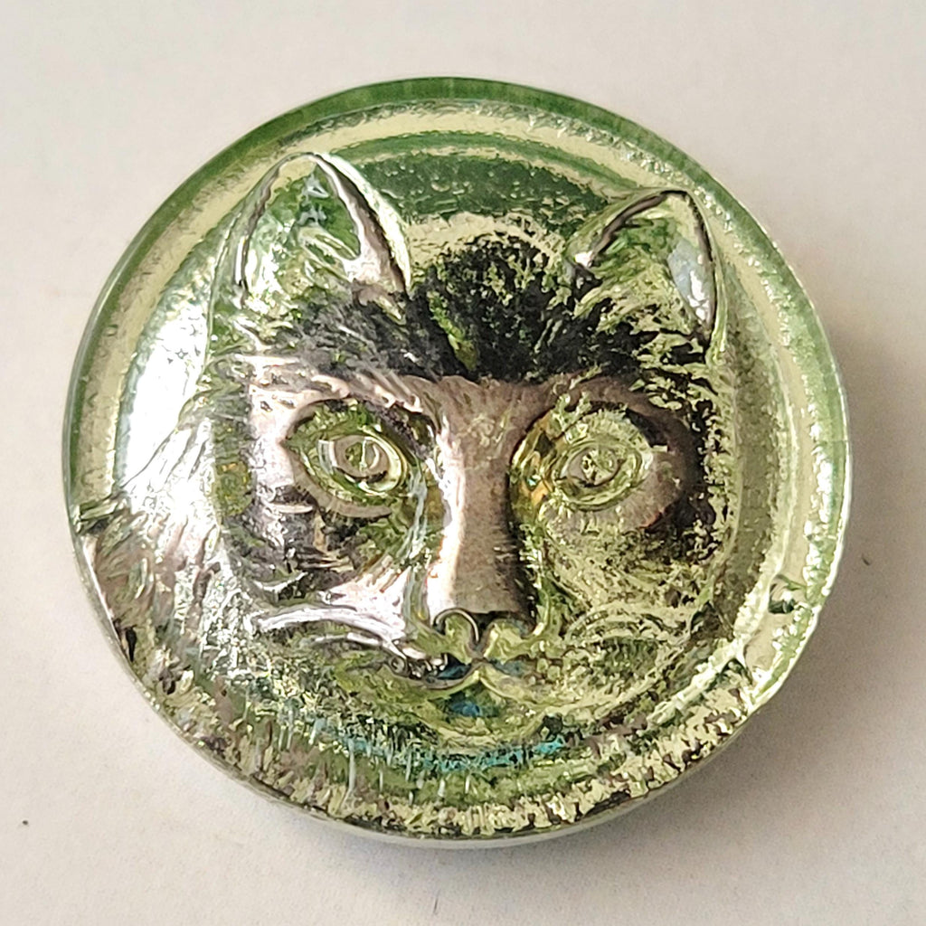 Uranium Glass Button Cat Design 22mm Vaseline Glass Collectible Small Button
