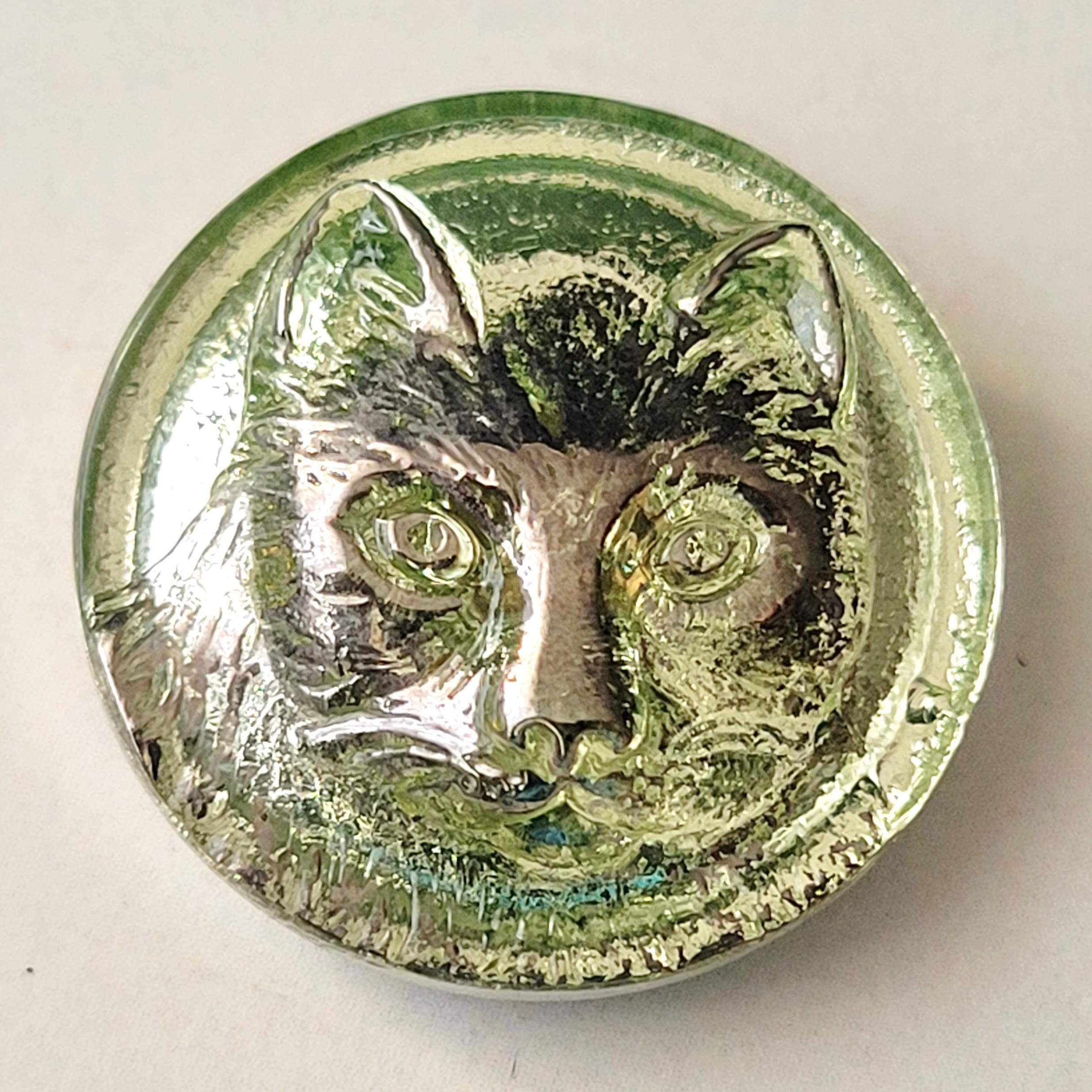 Uranium Glass Button Cat Design 22mm Vaseline Glass Collectible Small Button