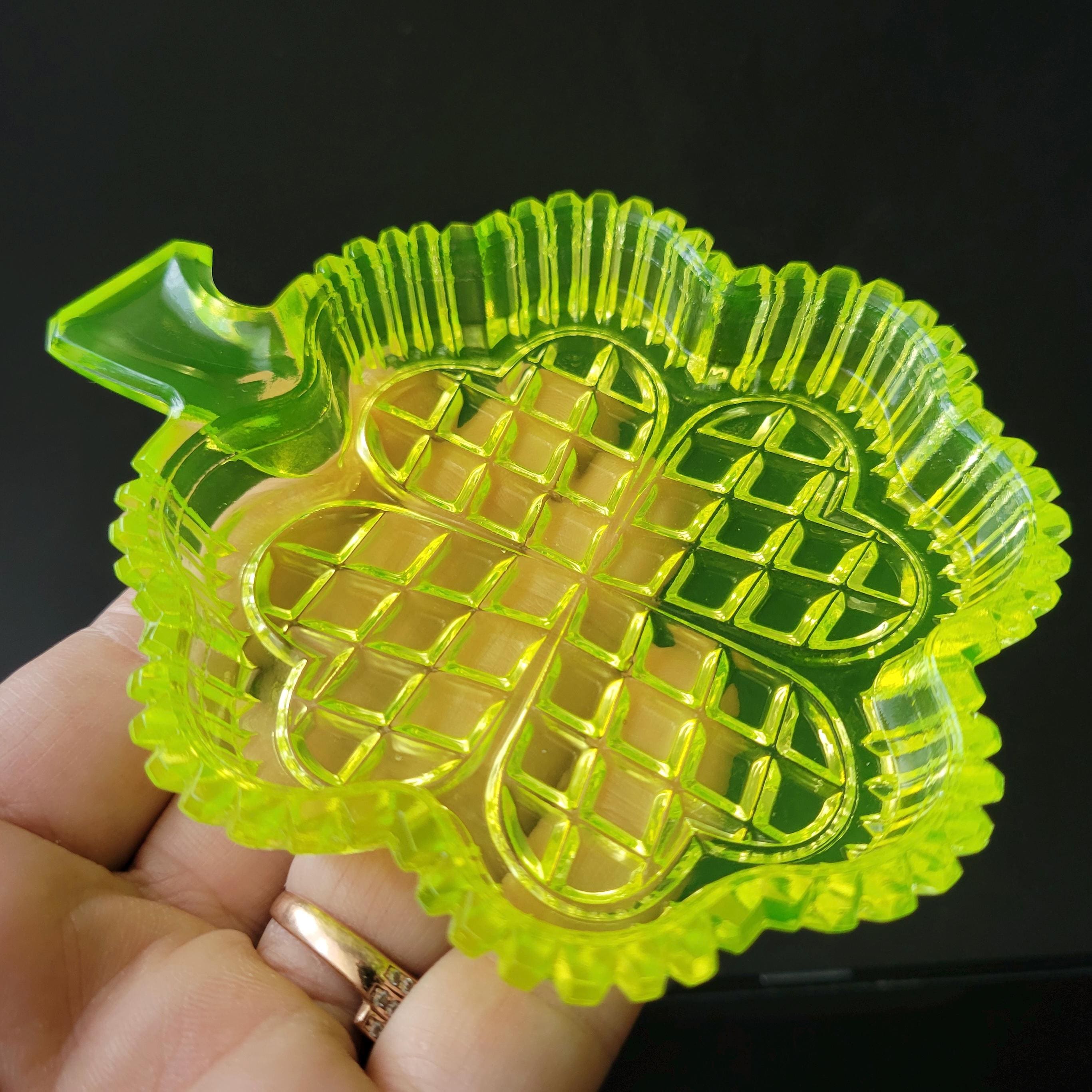 Collectible Uranium Glass Plate Clover Vaseline Yellow Glass Dish Art Deco