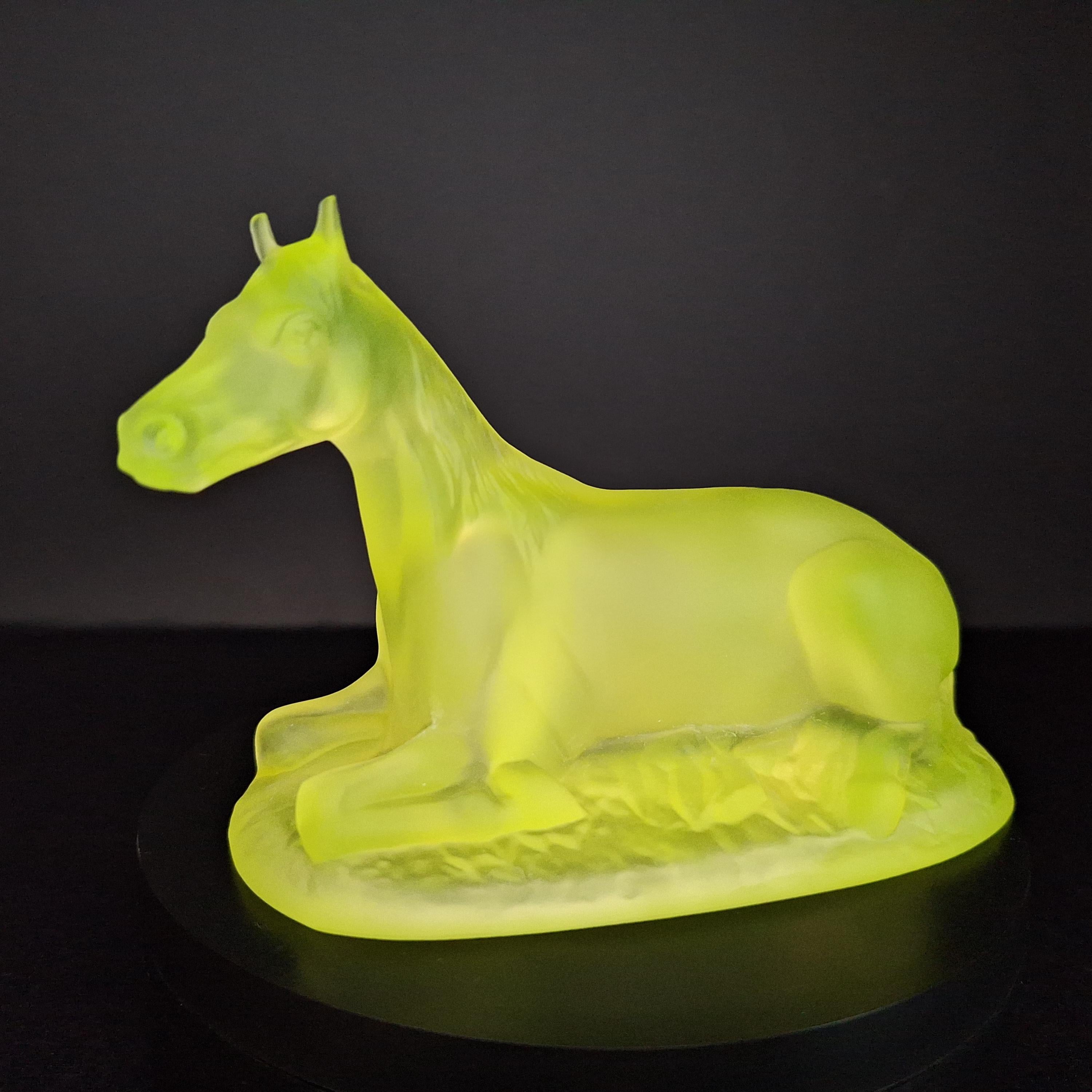 Uranium Glass Horse Figurine Vaseline Matte Frosted Yellow Glass Art Deco