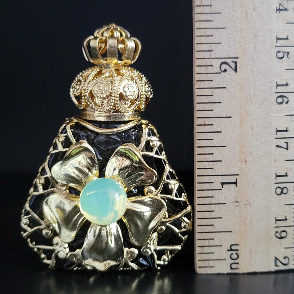 Perfume Bottle with Uranium Glass Cabachon Czech Glass Gold Tone Filigree