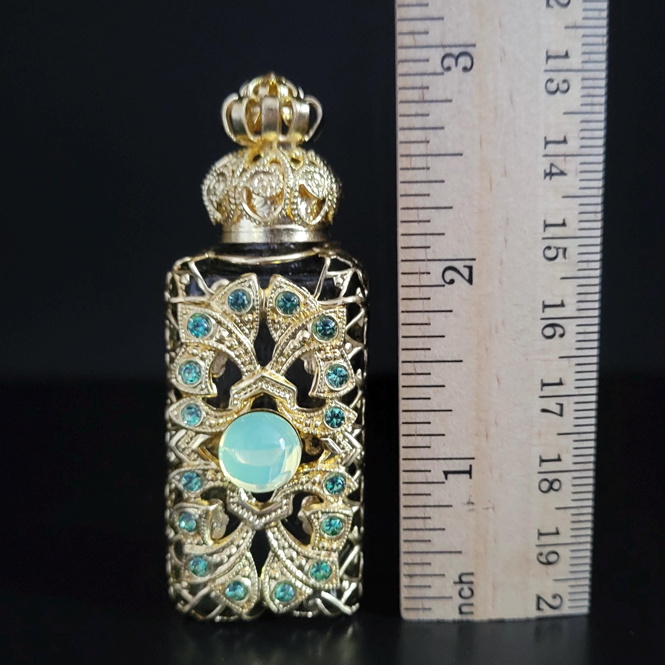 Perfume Bottle with Uranium Cabochon Gold Tone Filigree Art Deco
