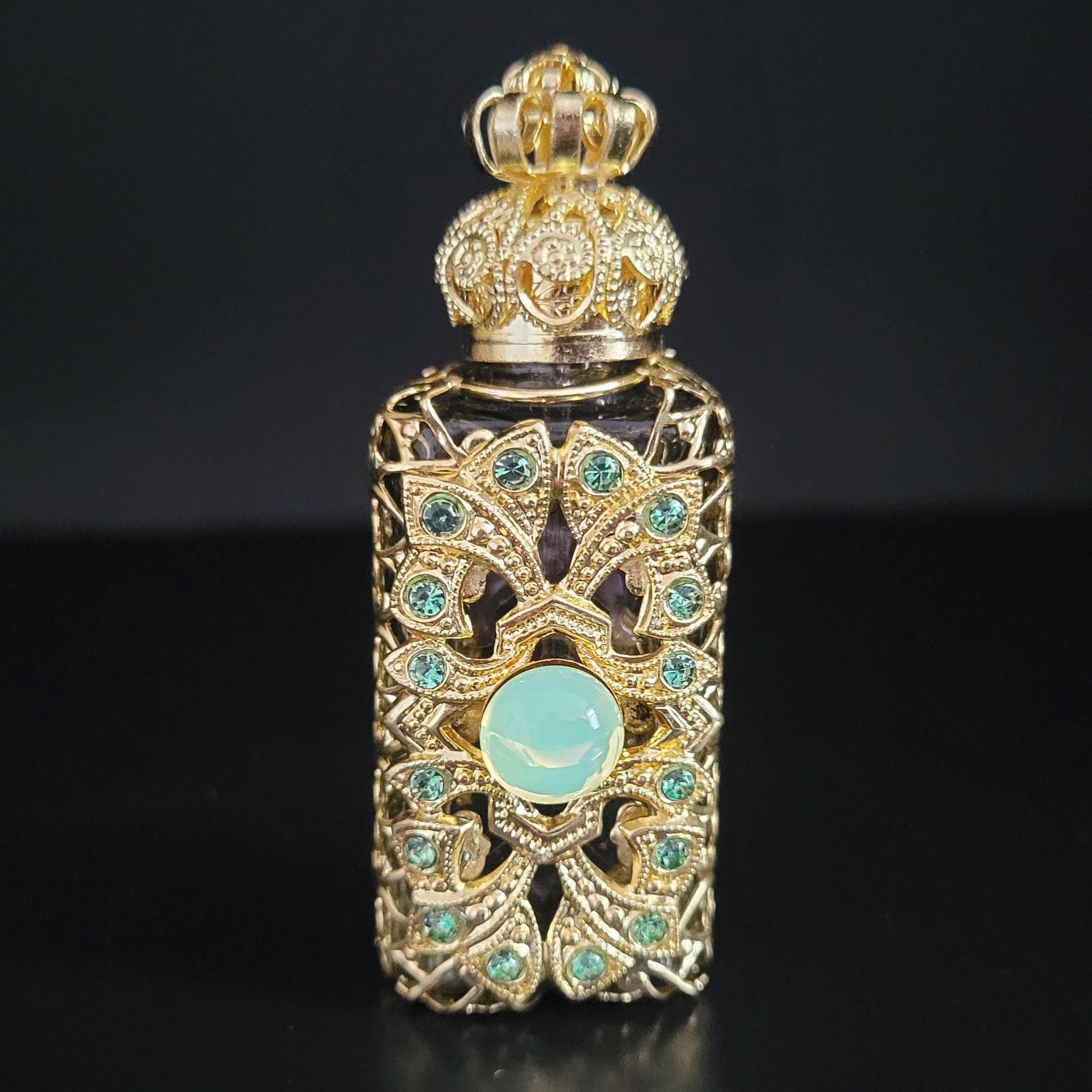 Perfume Bottle with Uranium Cabochon Gold Tone Filigree Art Deco