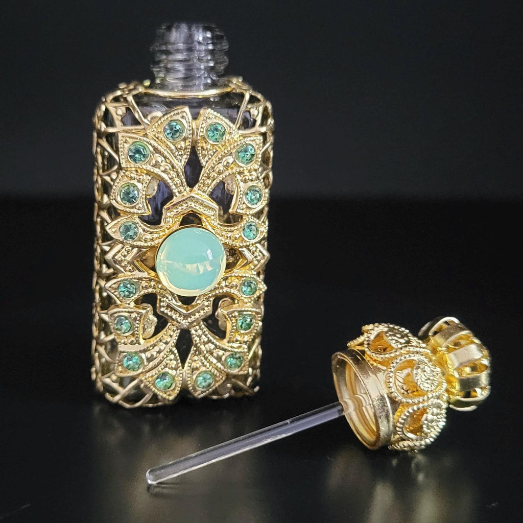 Perfume Bottle with Uranium Cabochon Gold Tone Filigree Art Deco
