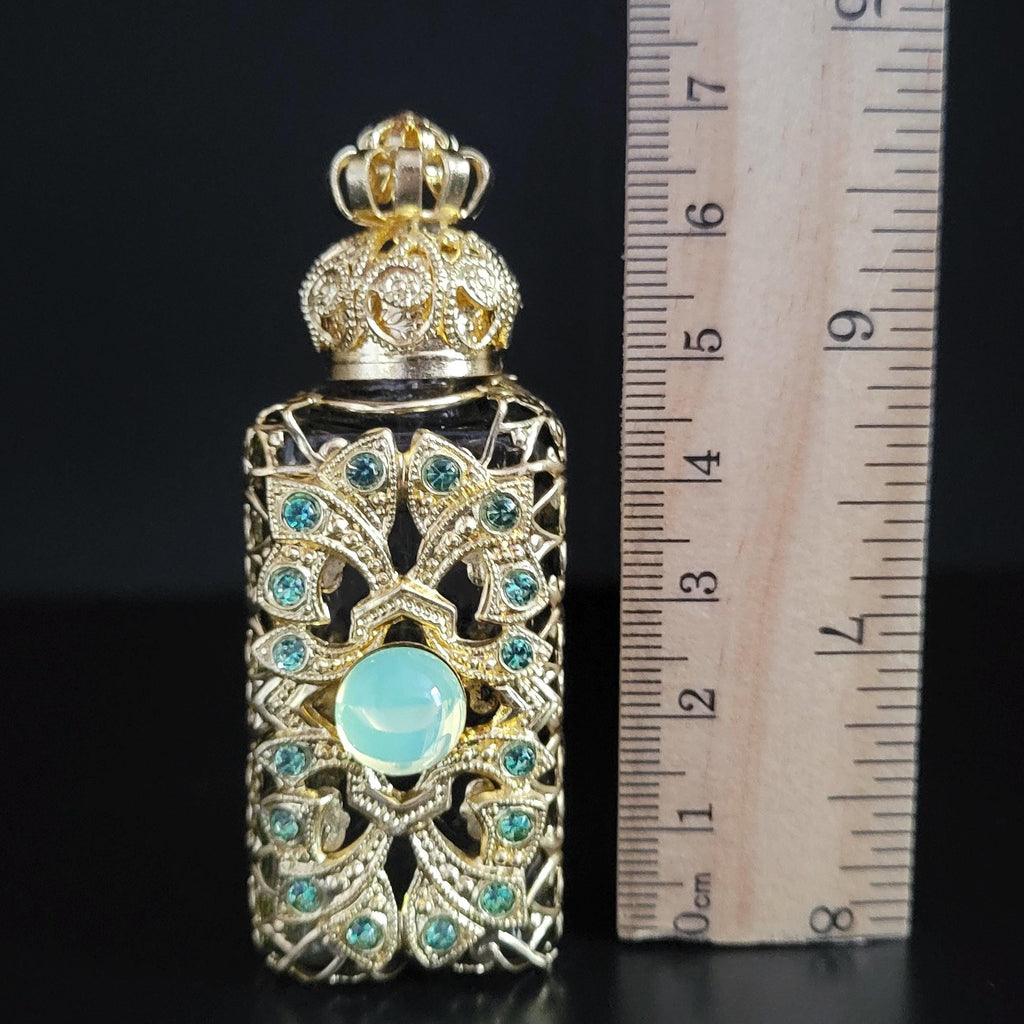 Perfume Bottle with Uranium Cabochon Gold Tone Filigree Art Deco