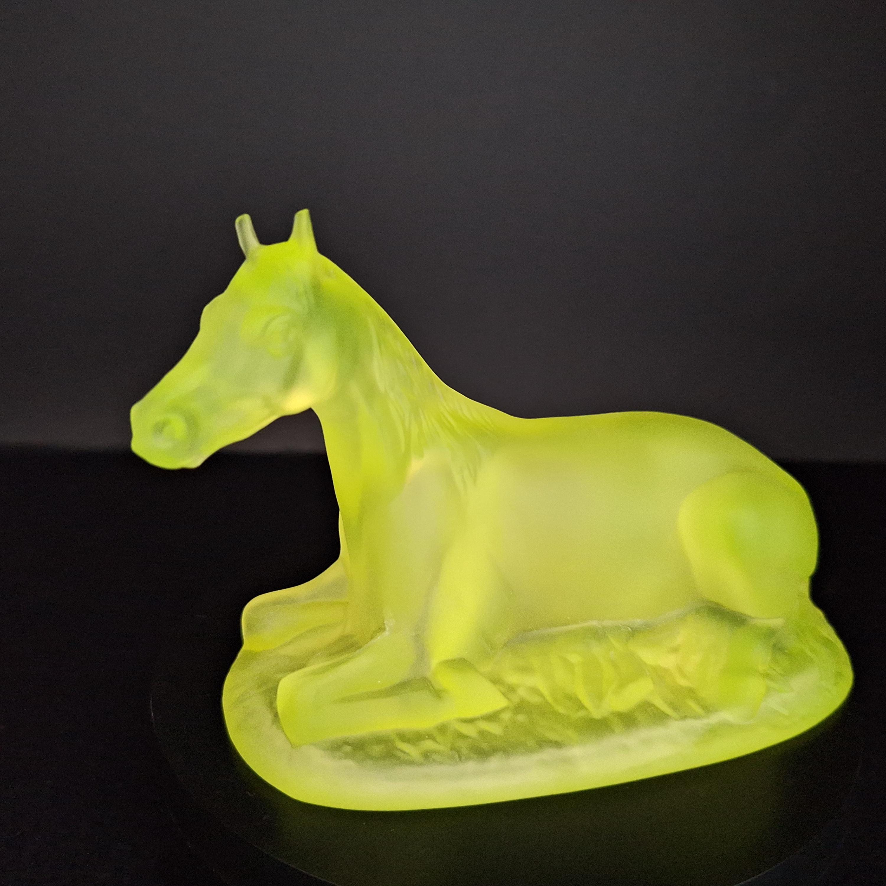 Uranium Glass Horse Figurine Vaseline Matte Frosted Yellow Glass Art Deco