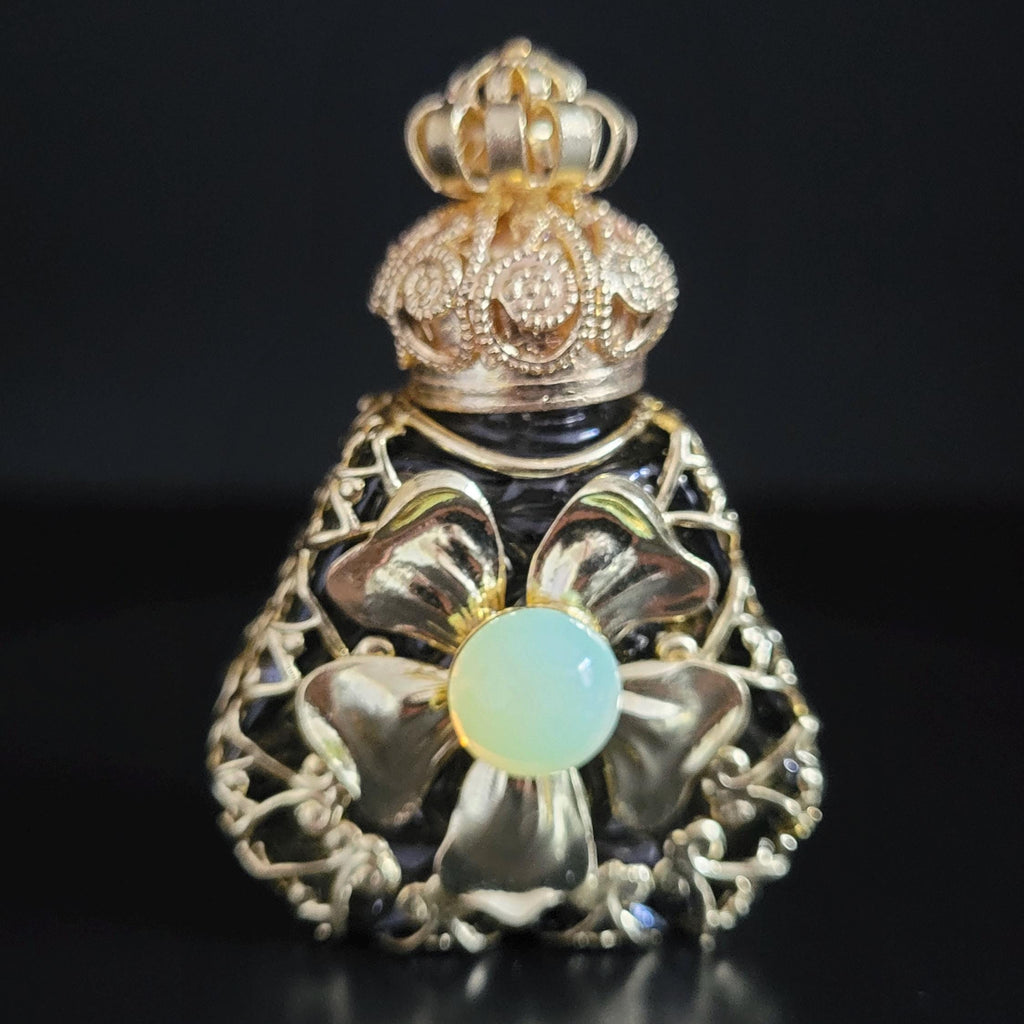 Perfume Bottle with Uranium Glass Cabachon Czech Glass Gold Tone Filigree