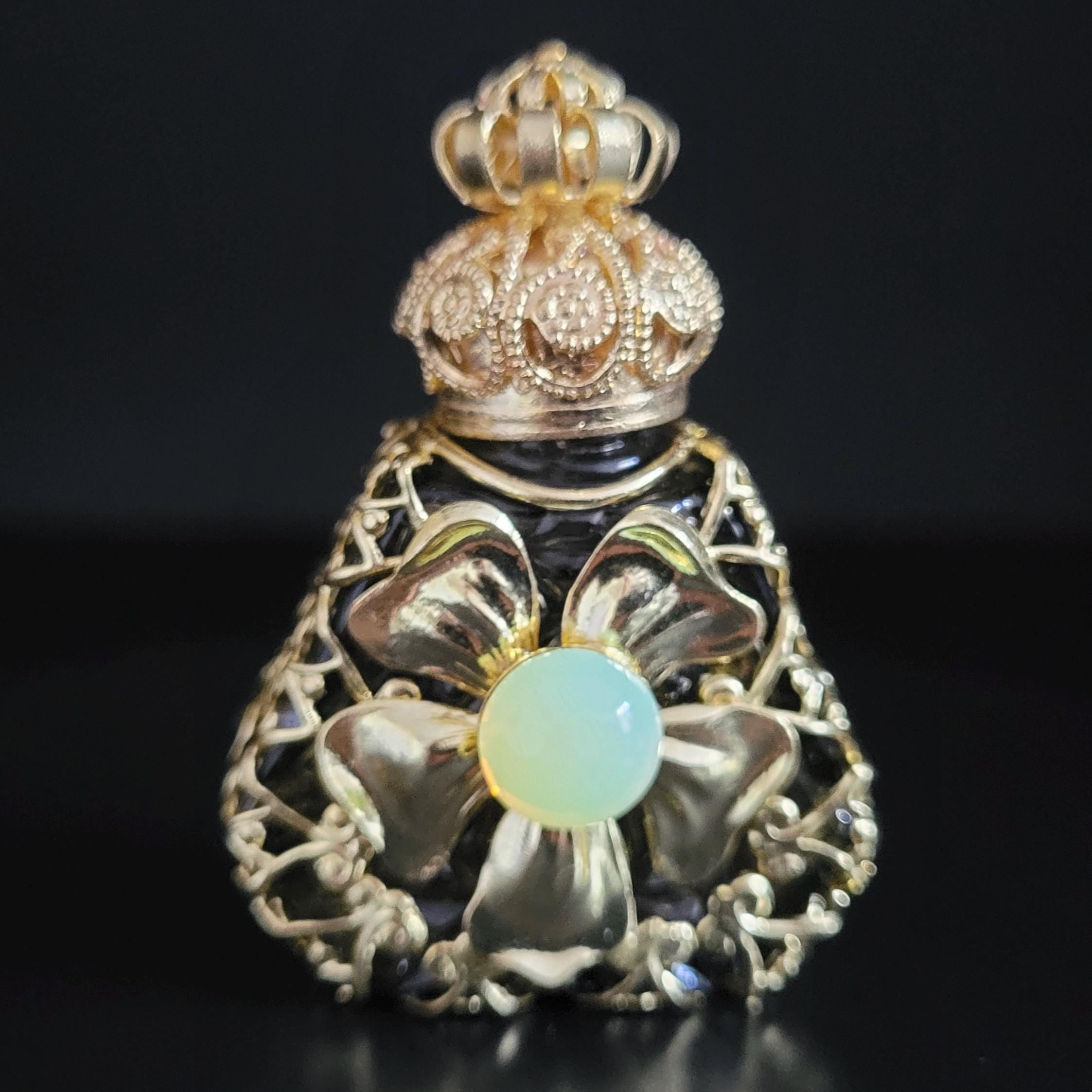 Perfume Bottle with Uranium Glass Cabachon Czech Glass Gold Tone Filigree
