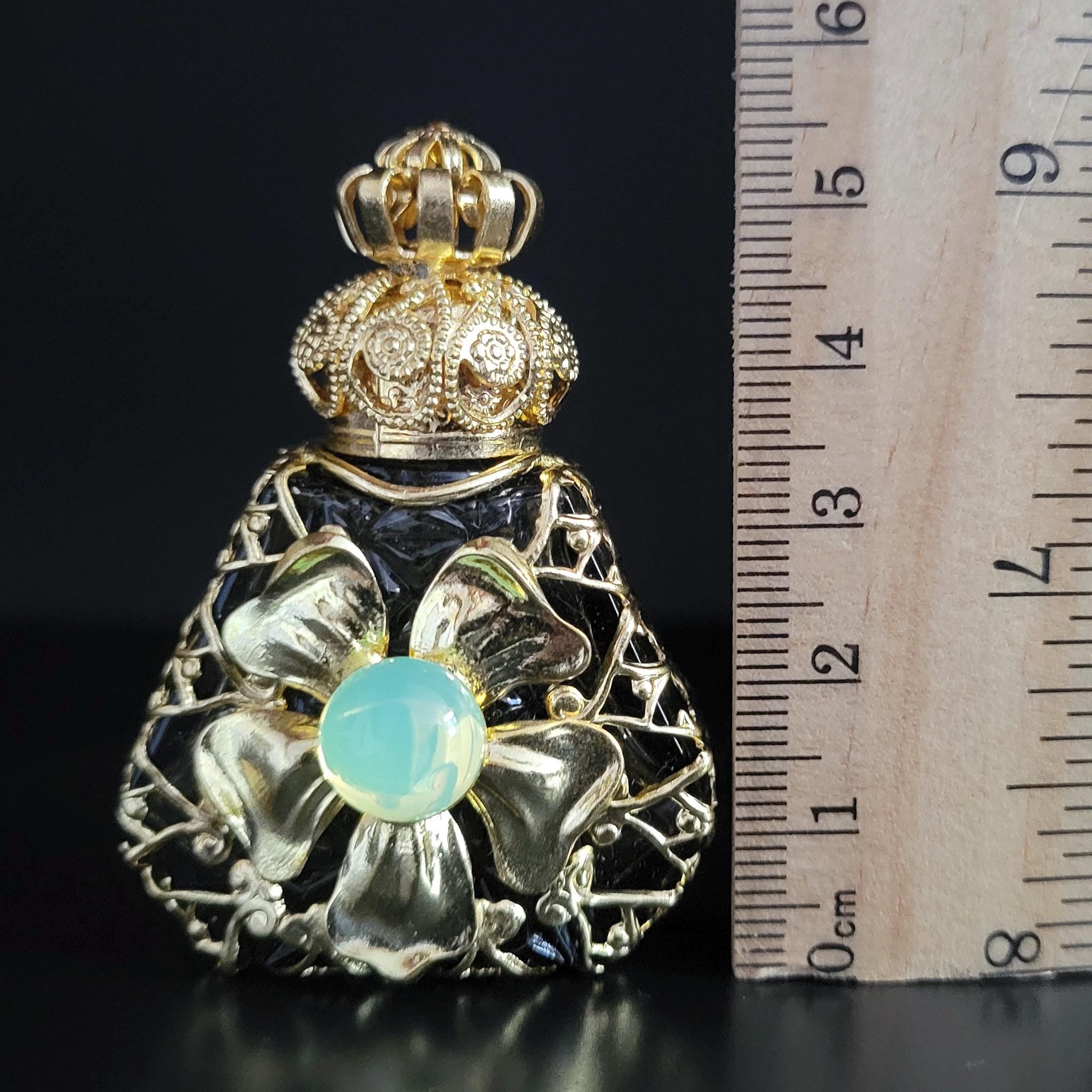 Perfume Bottle with Uranium Glass Cabachon Czech Glass Gold Tone Filigree