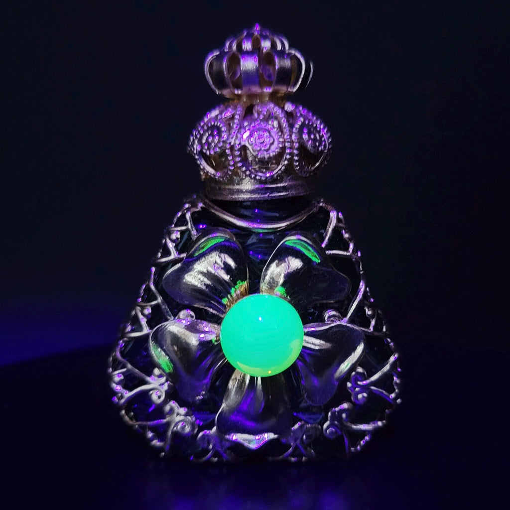 Perfume Bottle with Uranium Glass Cabachon Czech Glass Gold Tone Filigree