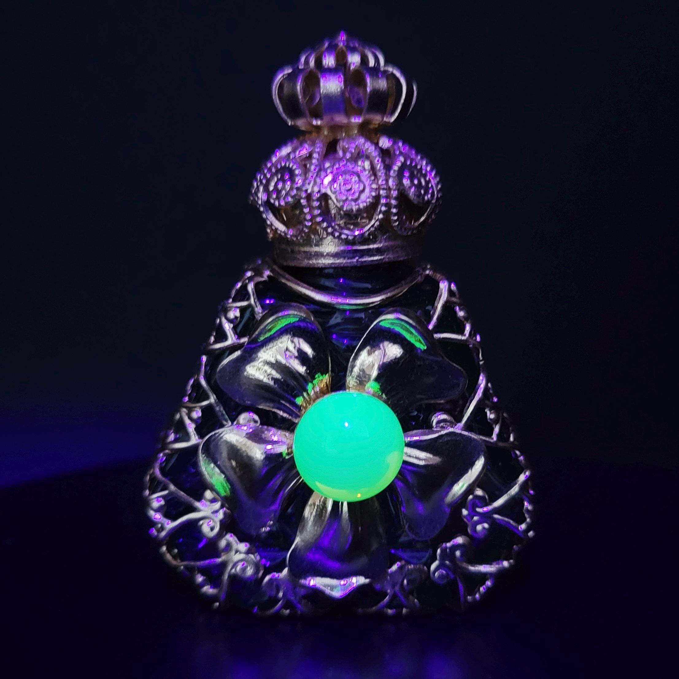 Perfume Bottle with Uranium Glass Cabachon Czech Glass Gold Tone Filigree